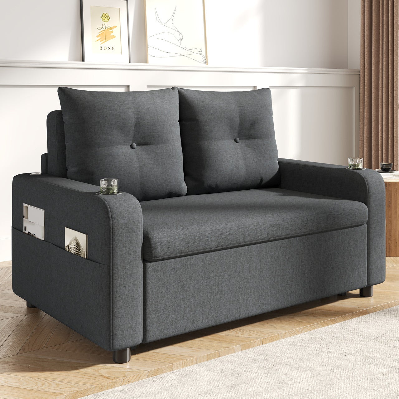 Canapé-lit 2 places 3 en 1 - Modèle dépliable - Porte-gobelet et poche latérale - Coussin de dossier - Port USB - Gris - 2