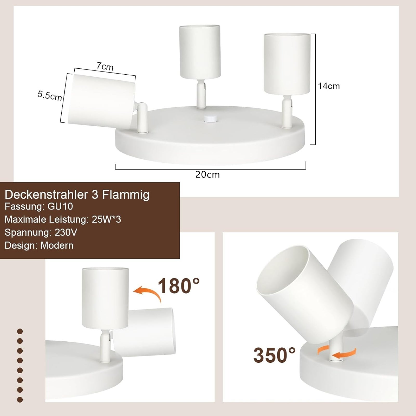 NETTLIFE 3 Spots de plafond couloir salon blanc rond GU10 en métal orientables design pour chambre cuisine - 4