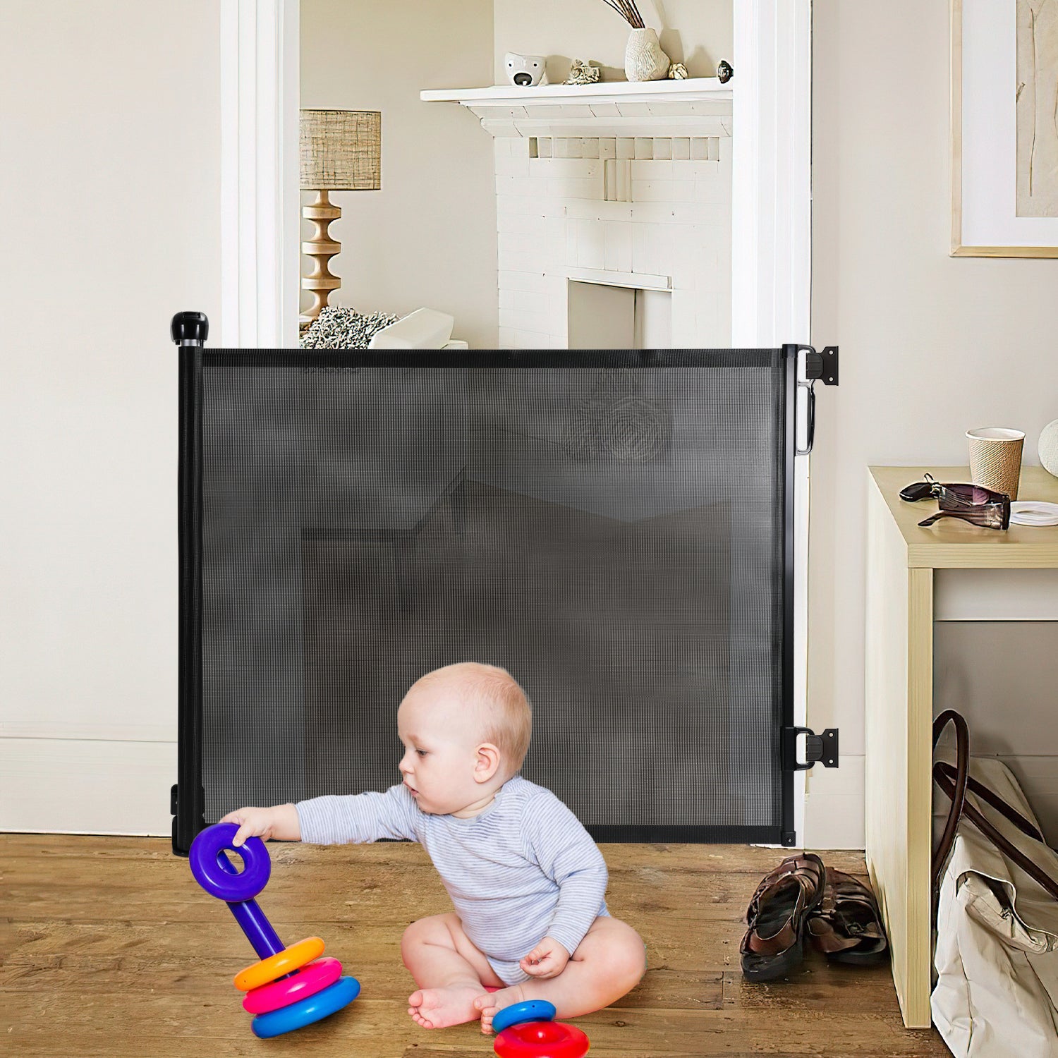 Puerta de seguridad extensible, barrera para escaleras, para bebés y mascotas de 0 a 180 cm, color negro.
