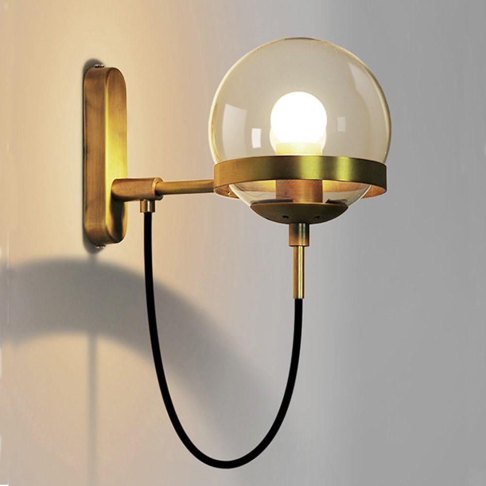 LEMROE Retro industrialny kinkiet, klosz w kształcie szklanej kuli, metalowa lampa podłogowa do sypialni, salonu, korytarza, hotelu (mosiądz)