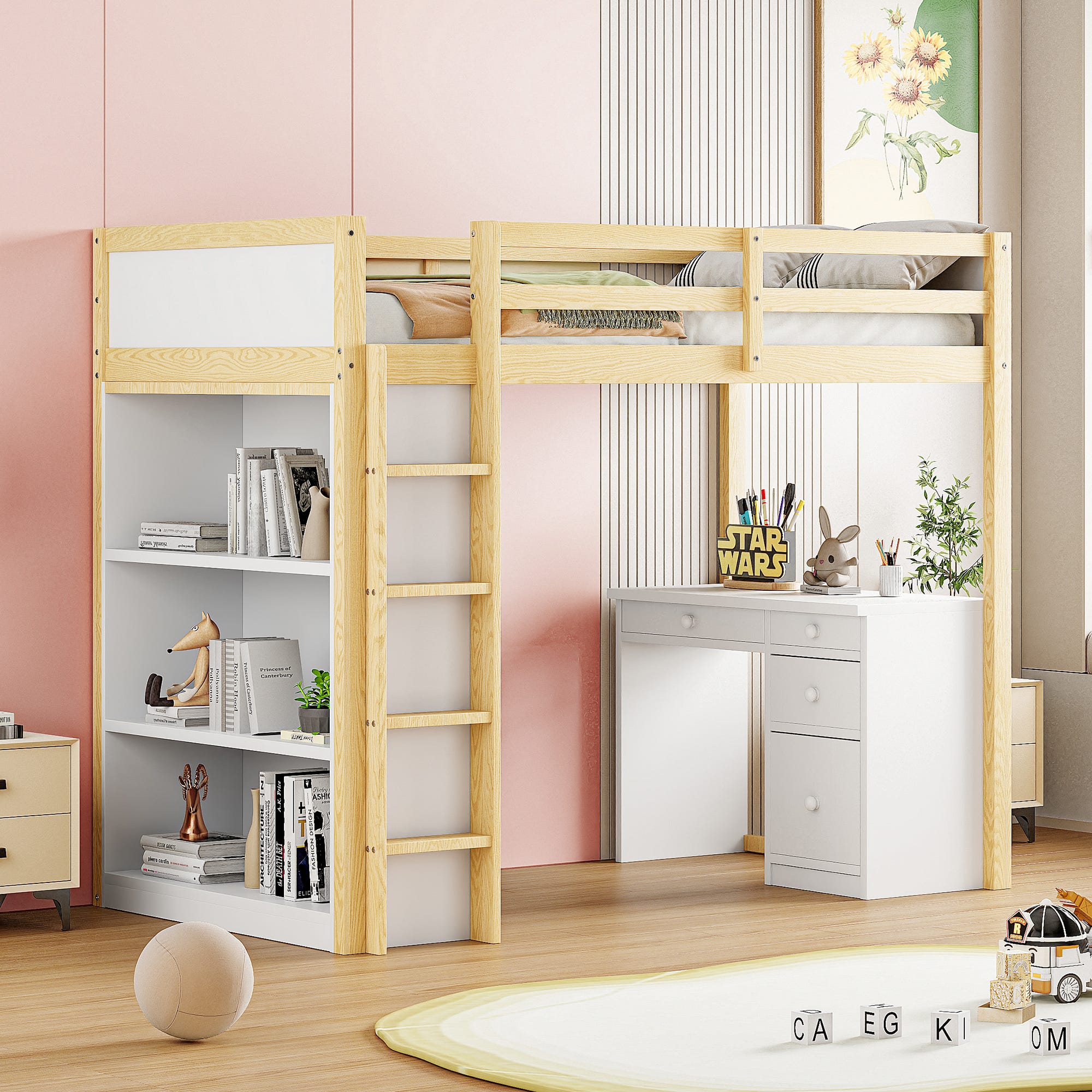Lit mezzanine 90x200 cm - avec bureau et étagère de rangement - armoire Lit mezzanine 90x200 cm - avec bureau et étagère de rangement - armoire