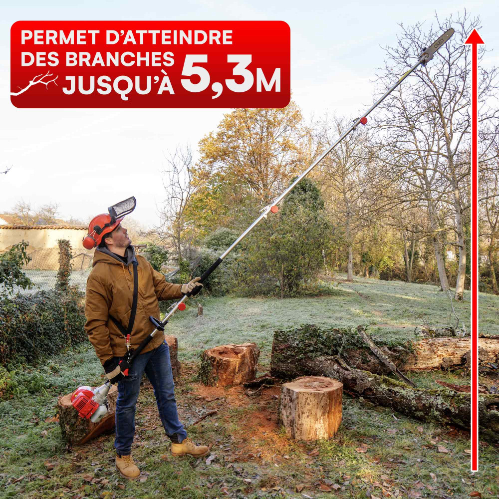 Elagueuse thermique sur perche - Moteur 2 temps 52 cm3 - 2 rallonges extensions - Longueur totale 4.06m - Guide chaîne 30cm - 2