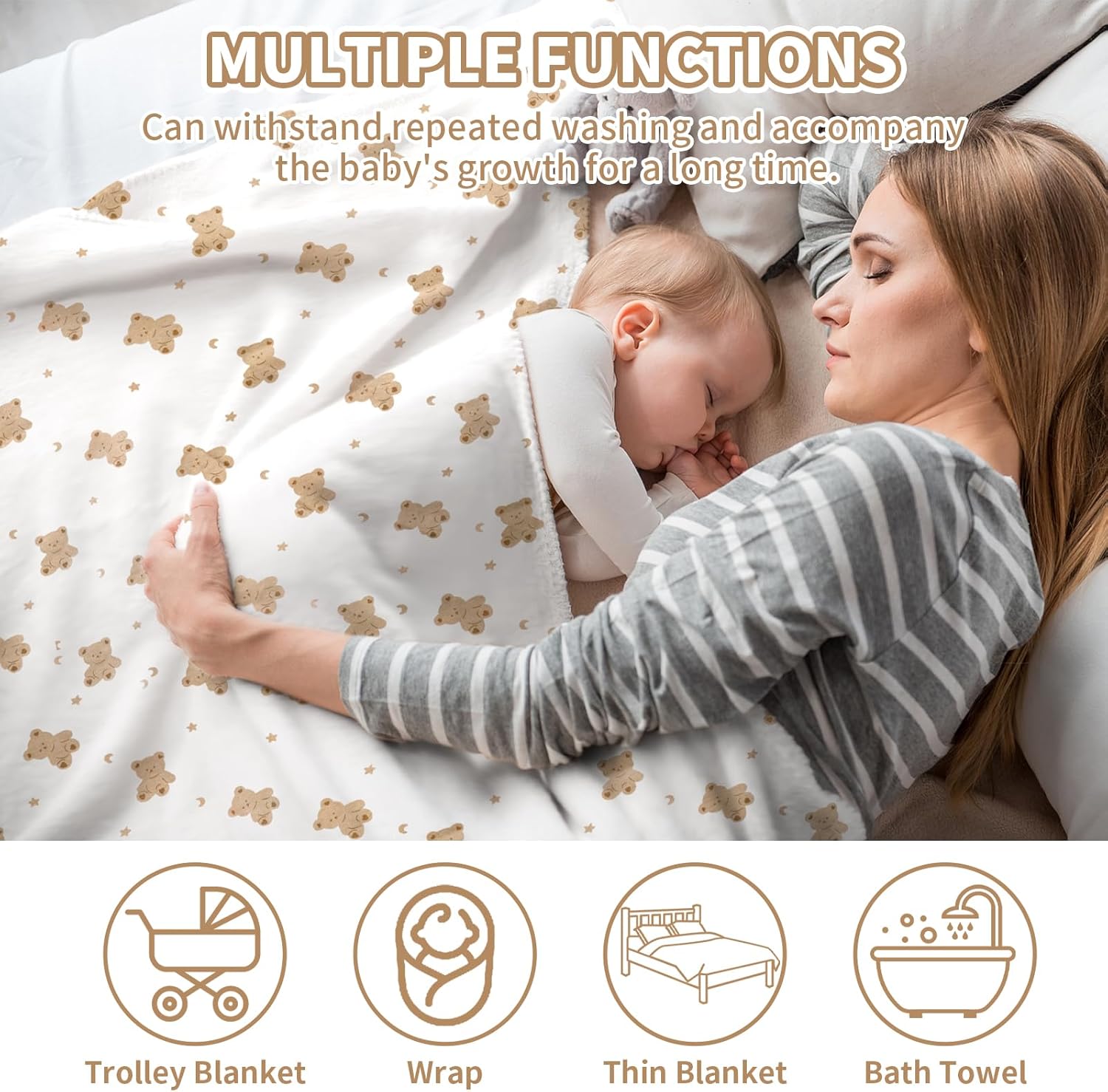 Couverture Bébé Fine Ours Mignon 100% Coton 85x85cm, Respirante Printemps Été, Essentiel Bébé pour L'enveloppement, Landau/Serviette - 4