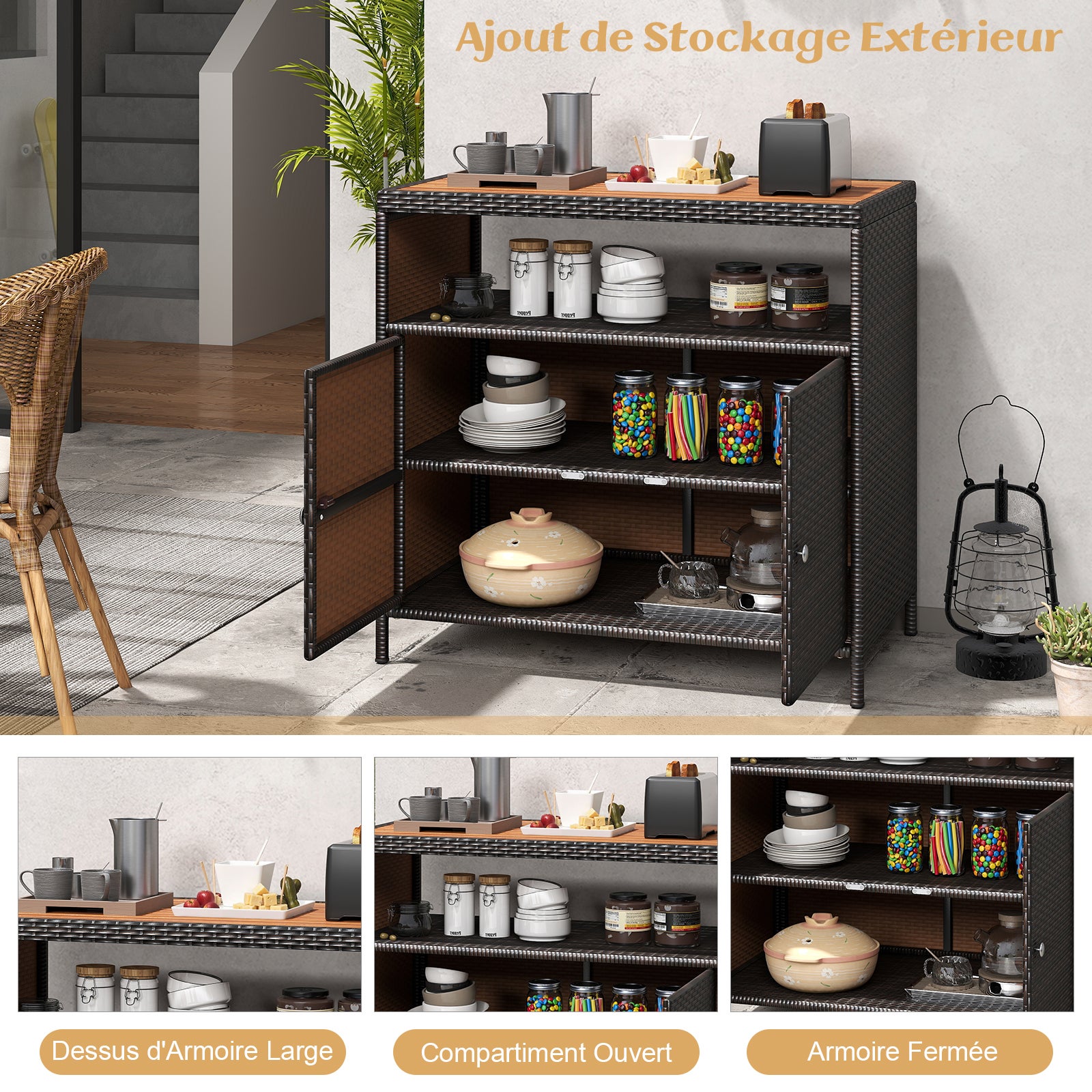 Armoire de Rangement Exterieur en Rotin, Armoire de Jardin avec Plateau en Bois d'Acacia Compartiment Ouvert Buffet à 2 Portes, Marron - 6