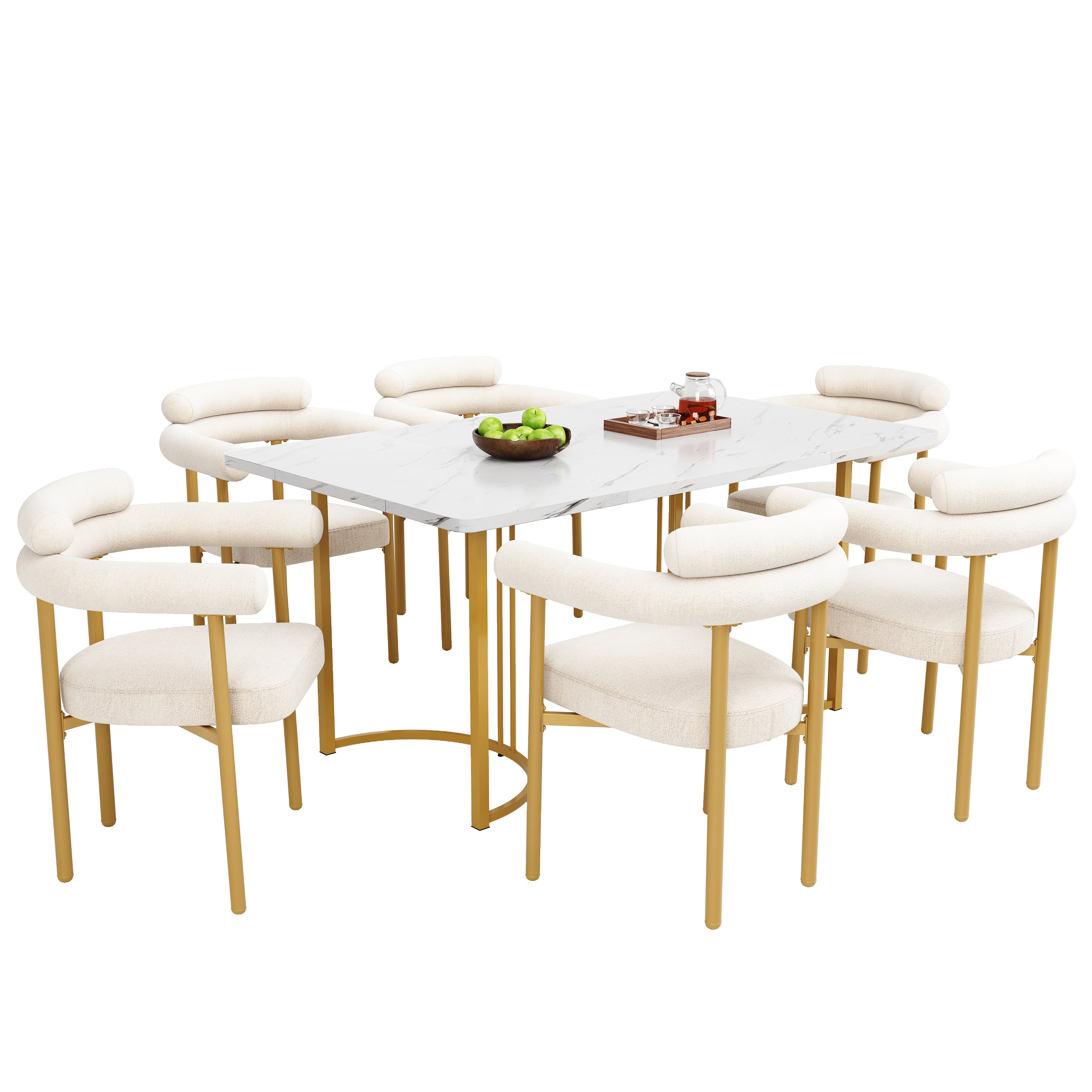 Ensemble table à manger + 6 chaises en velours - 140 x 80 x 75 cm - MDF + Pieds en métal doré - Beige - 3