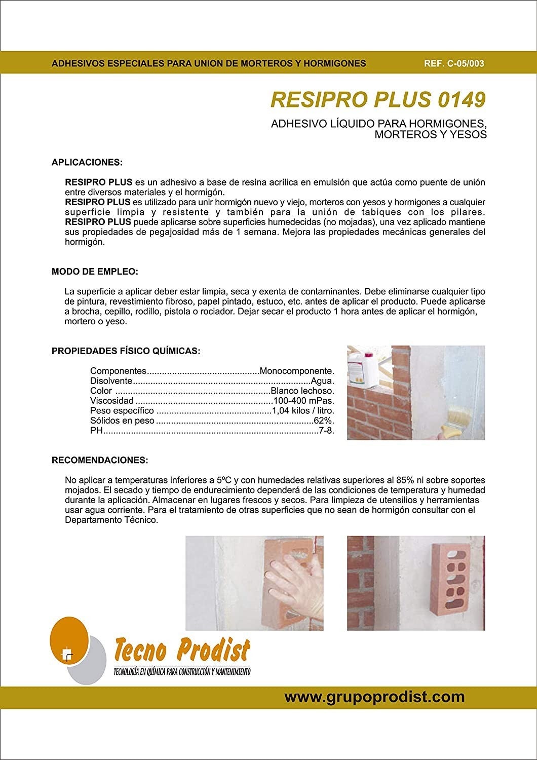 RESIPRO PLUS de Tecno Prodist - Resina puente de unión al agua, gran adherencia entre hormigon, mortero y yeso viejo con nuevo - 10 Litros - 2