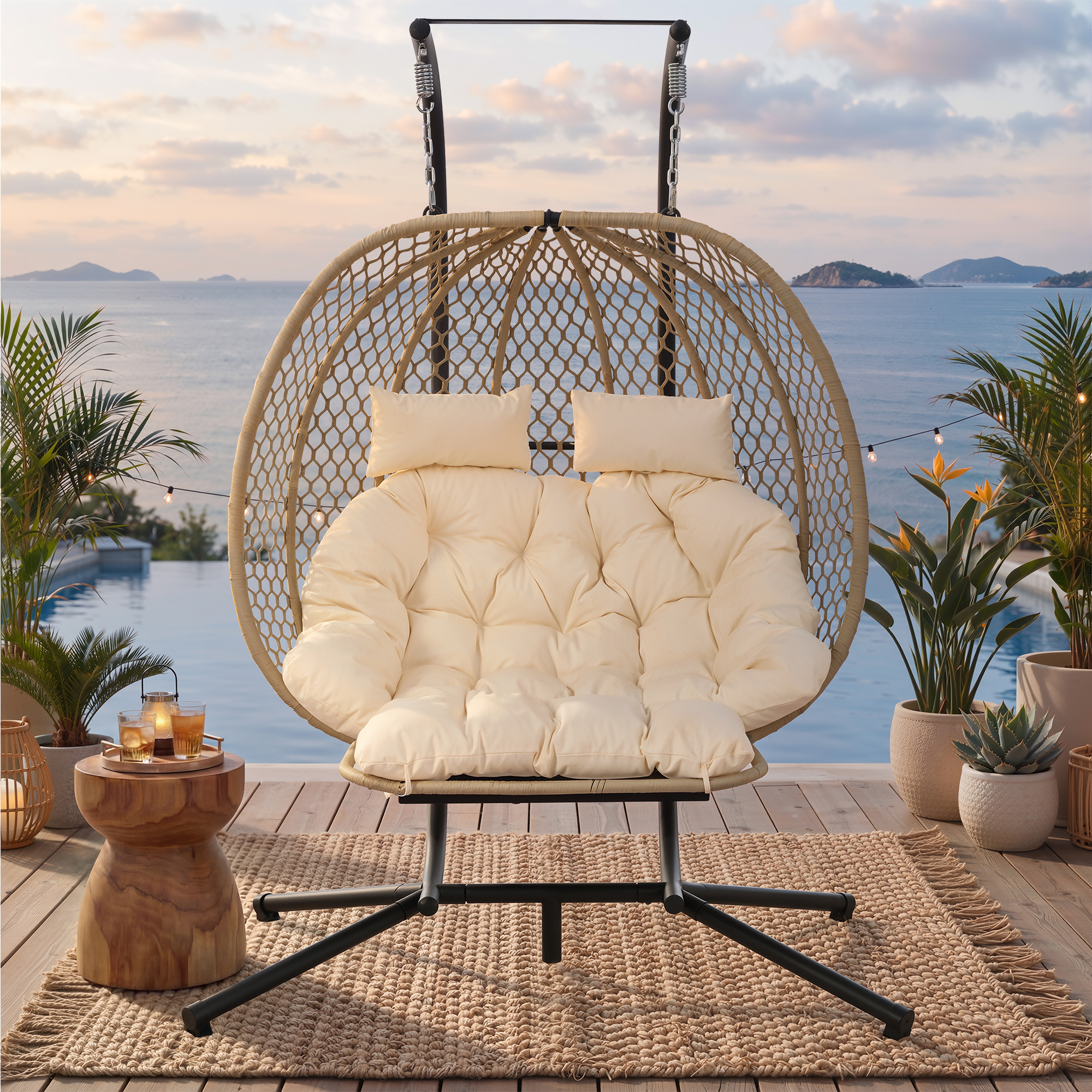 Fauteuil Oeuf Suspendu Double avec Support - Balancelle de Jardin avec Repose-pieds Réglable, Coussin Épais et Appuie-têtes - Beige - 6