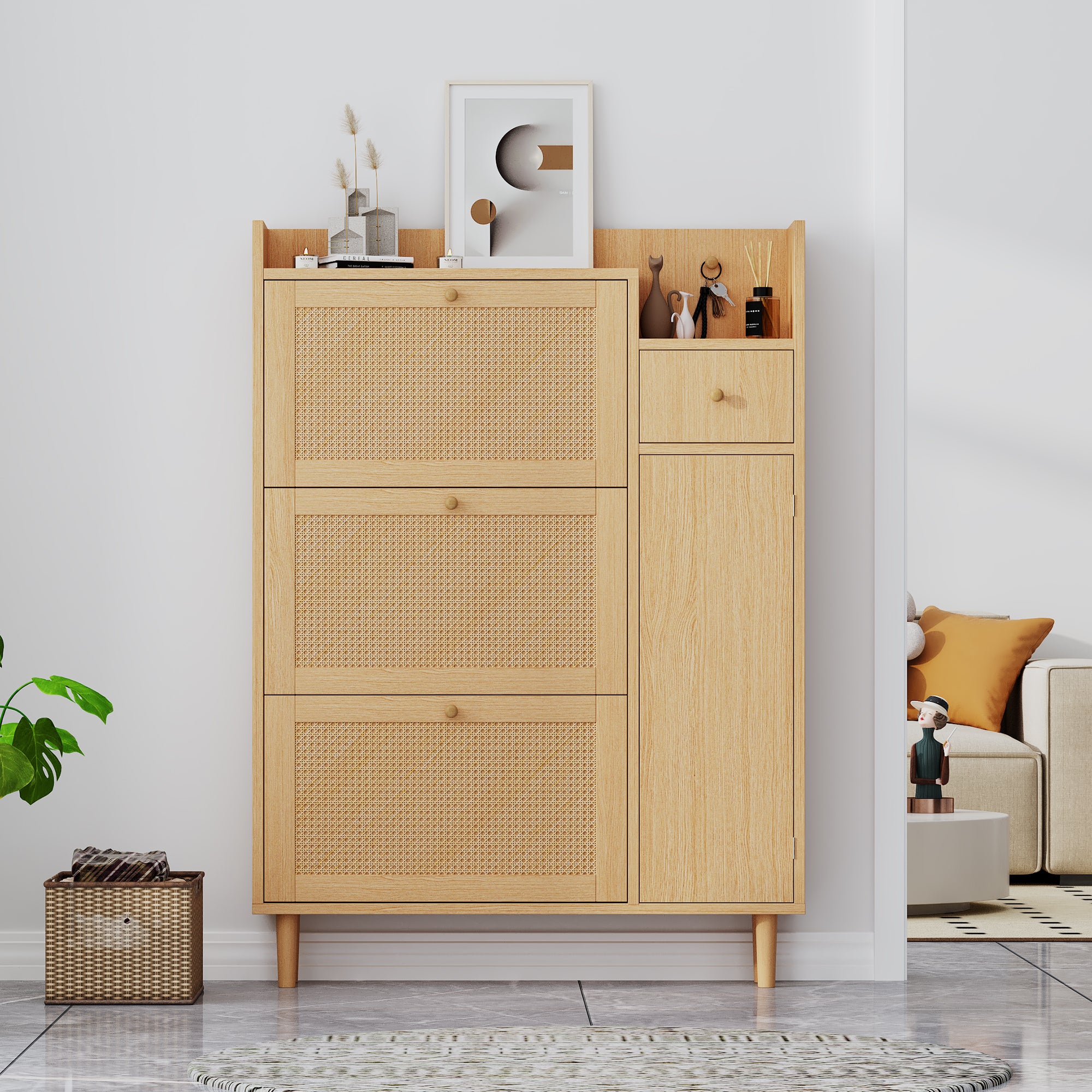 Armoire à chaussures en rotin, 3 portes battantes et 1 tiroir avec pieds et poignées en bois massif, dimensions: B90 / h125 / t17 cm - 5