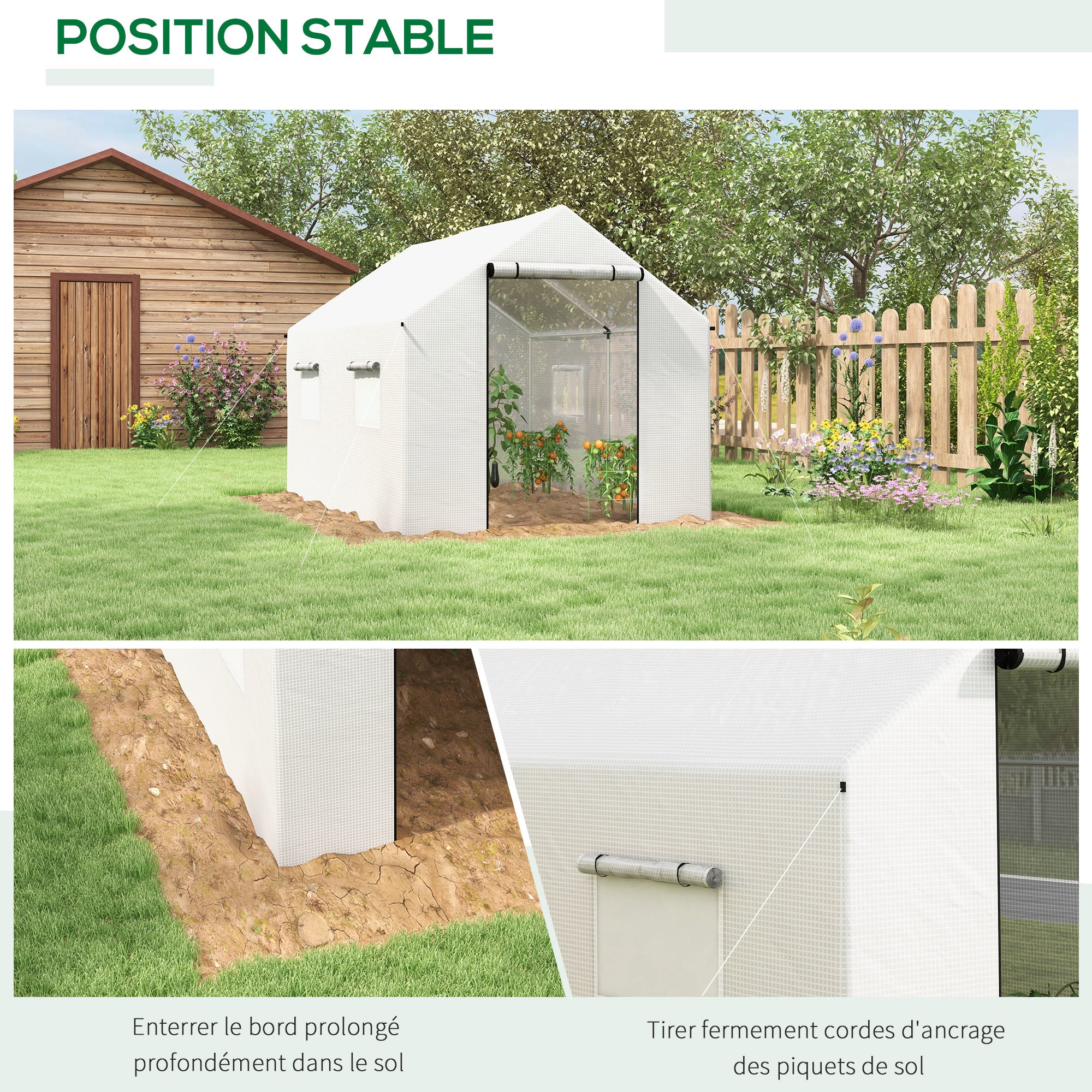 Serre de jardin tunnel 2x3m,6m² avec porte enroulable,4 fenêtres,- Acier galvanisé PE Haute densité Blanc - 8