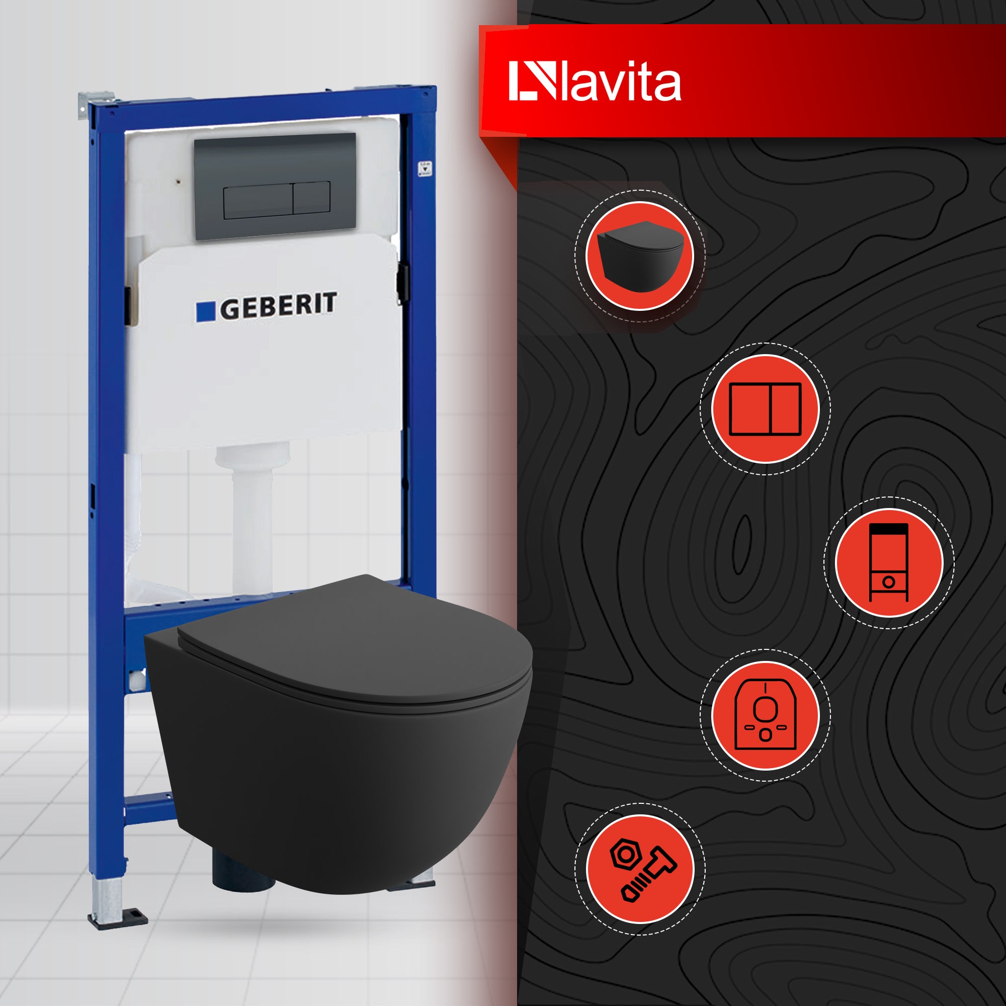 GEBERIT Duofix Basic Support Bâti-support + Lavita WC Sinto Black suspendu noir sans bord + panneau de commande Delta 25 noir | Kit complet WC - 2