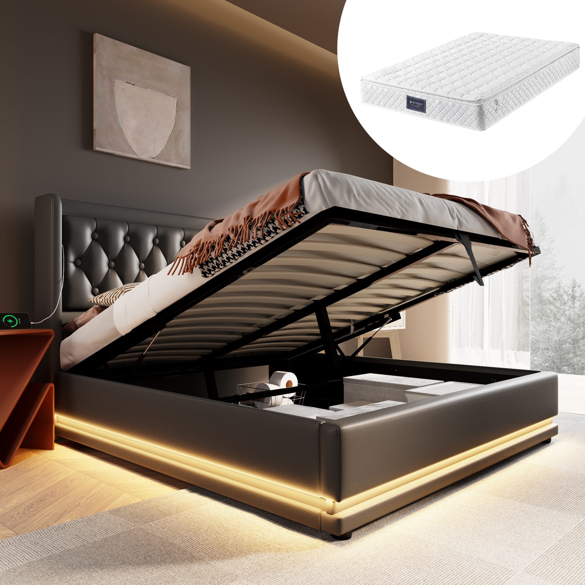 Lit Double Coffre 140x200 Cm Avec Rangement Hydraulique - Tête De Lit LED USB, Sommier Lattes, Capacité 300 Kg