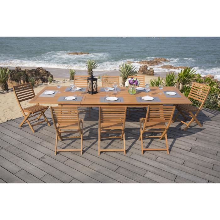 Ensemble repas de jardin 8 a 12 personnes - Table extensible 200/250/300 x 100cm + 6 chaises - Bois Eucalyptus FSC - 8