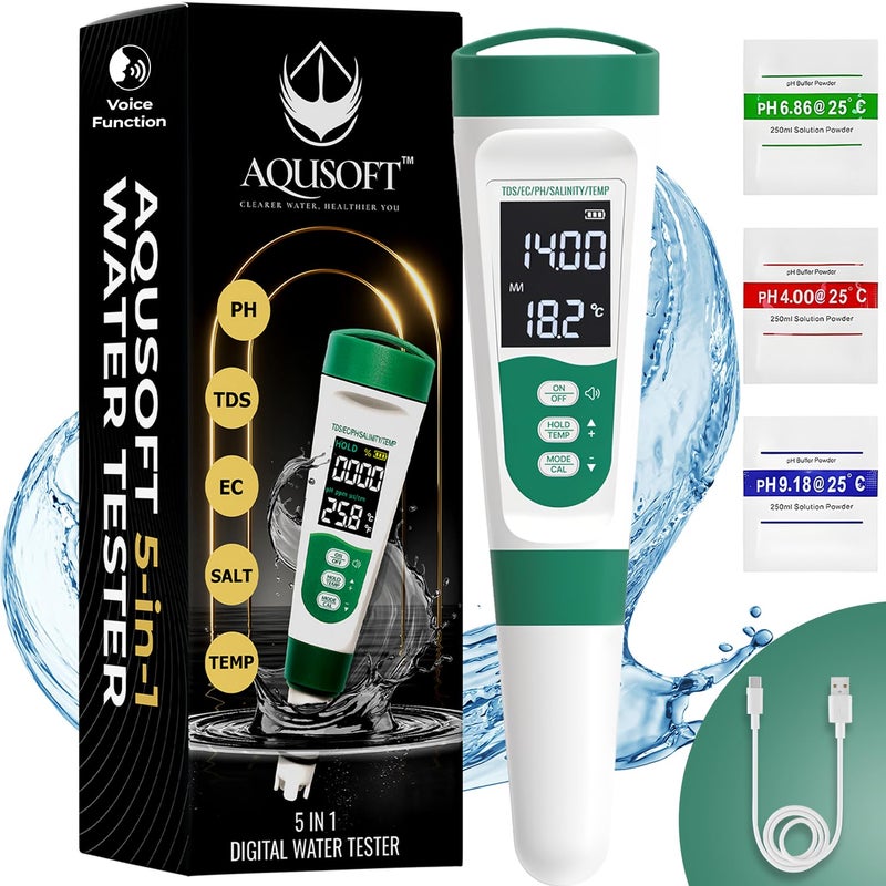 Cyfrowy miernik pH 5 w 1 z funkcją głosową | pH, TDS, przewodność, zasolenie i temperatura | Akumulatorowy tester jakości wody