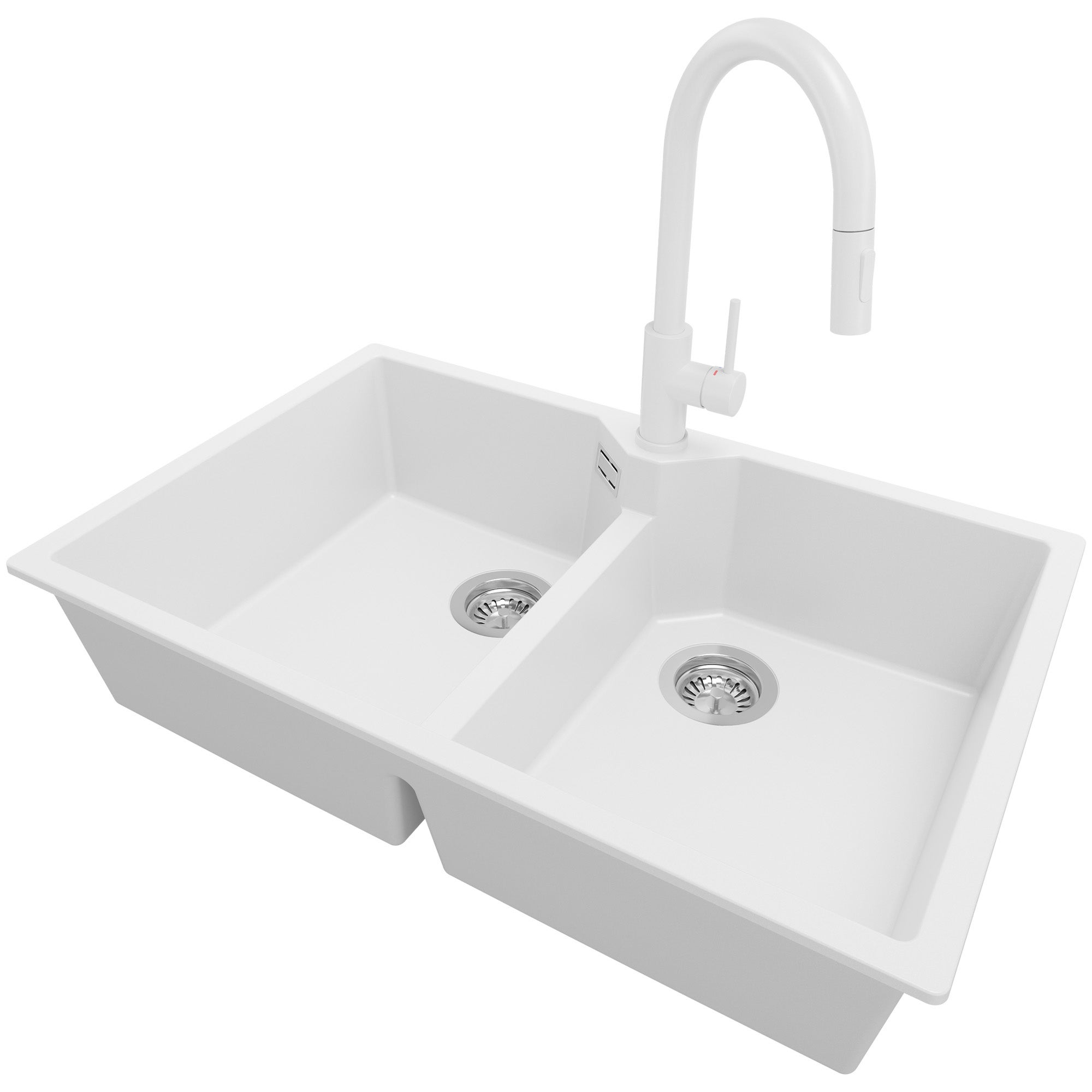 Zlewozmywak Granitowy Biały 78x50cm, Zlew Kuchenny 2 Komorowy + Bateria 40x20cm + Syfon, Nablatowy do szafki od 80cm - Madryt Twin PRIMAGRAN