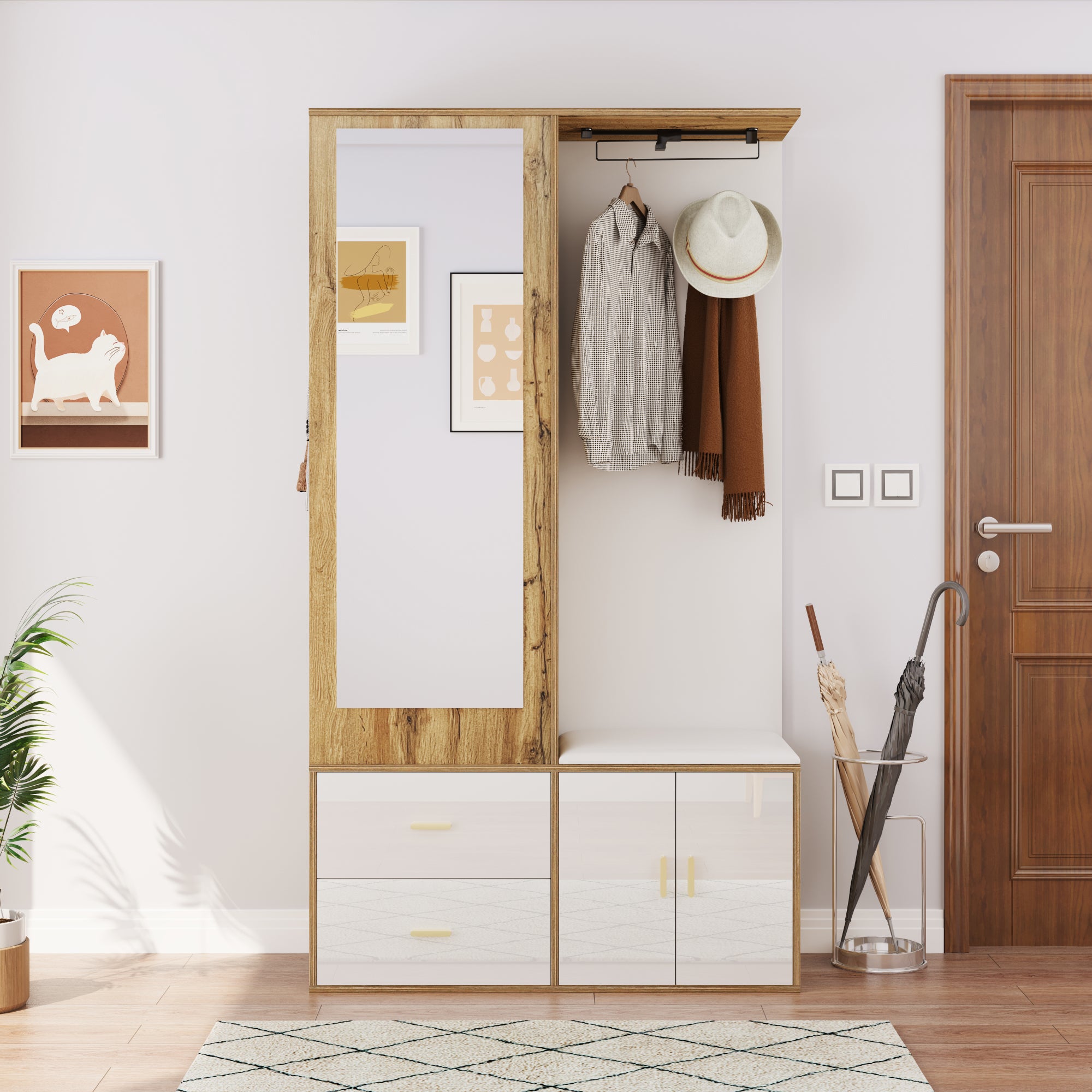 Szafa 100x38x108,1cm - Z lustrem - Z półką na buty - Z haczykami i wysuwanymi wieszakami - Biały + Naturalny