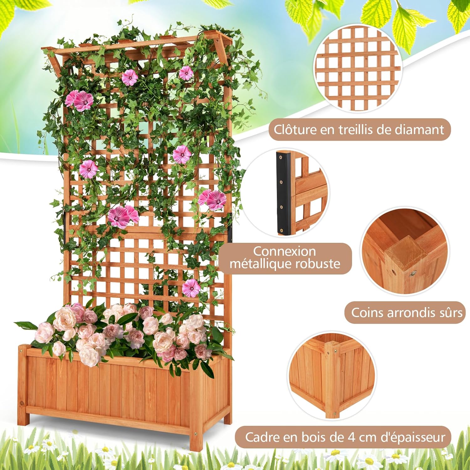 Fioriera da Esterno con Grigliato e Tettuccio, Letto Rialzato in Legno con Fori di Scarico, Aiuola Rialzata con Spalliera per Piante Rampicant - 3