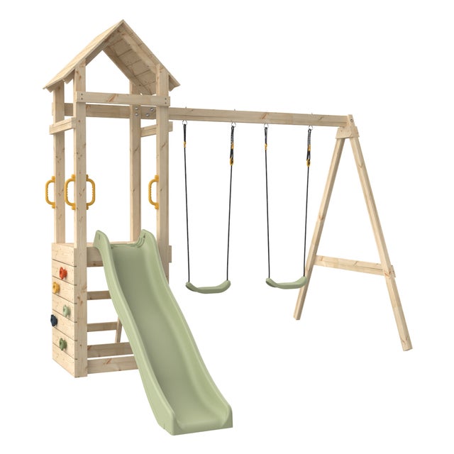 Aire de jeux 2 balançoires, toboggan et mur d'escalade - H240 cm - bois FSC® - PLAQUEMINIER