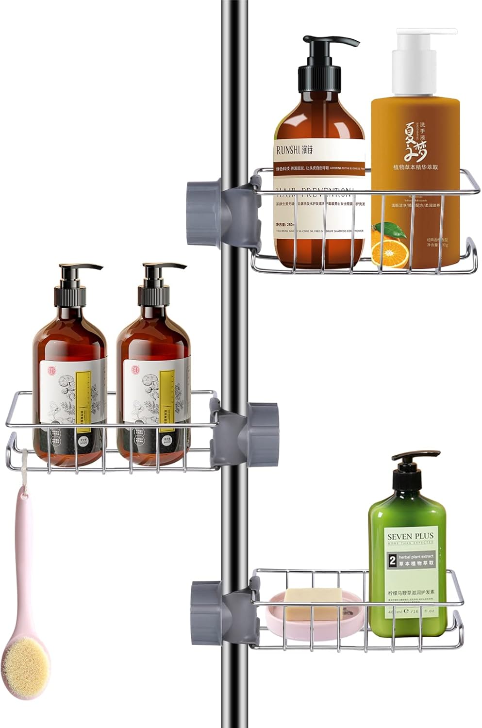 3-częściowa półka łazienkowa ze stali nierdzewnej - Bez wiercenia - Do drążków prysznicowych o średnicy 18–27 mm - Srebrna