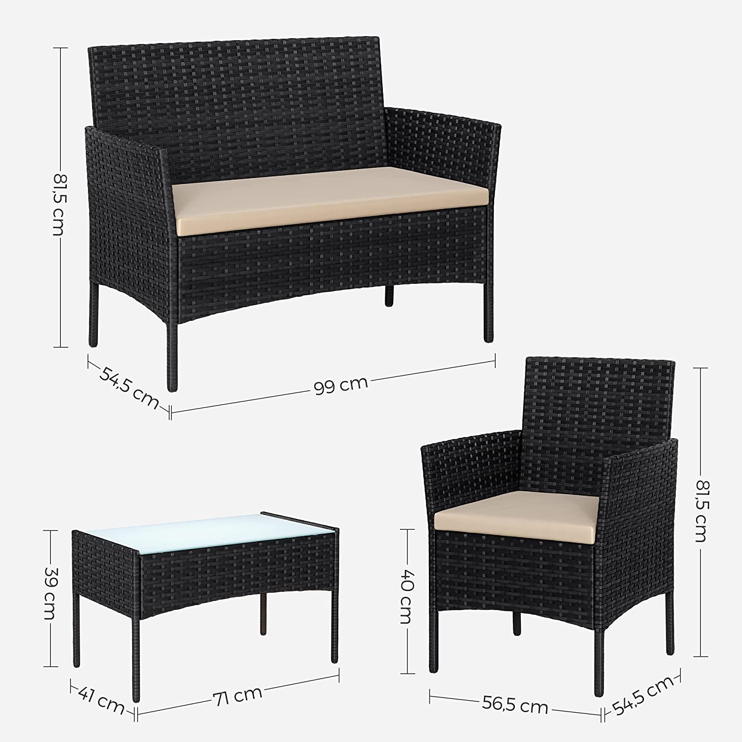 Salon de Jardin Extérieur, Ensemble de Mobilier, Table et Chaises Noir et Taupe - 5
