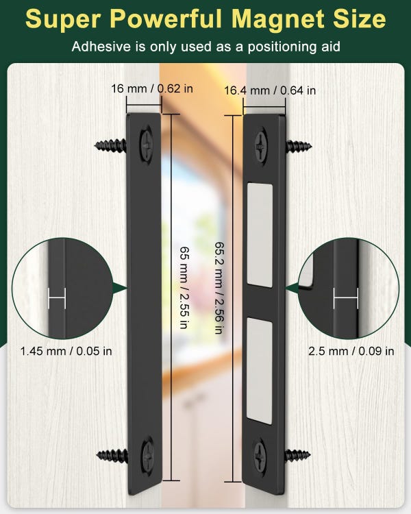 Ultra Mince Aimant Porte Placard Puissant 13Kg Lot de 2 Loquet Magnétique pour Porte d'Armoire, Aimant pour Placard, Tiroir, Meuble, Noir - 2