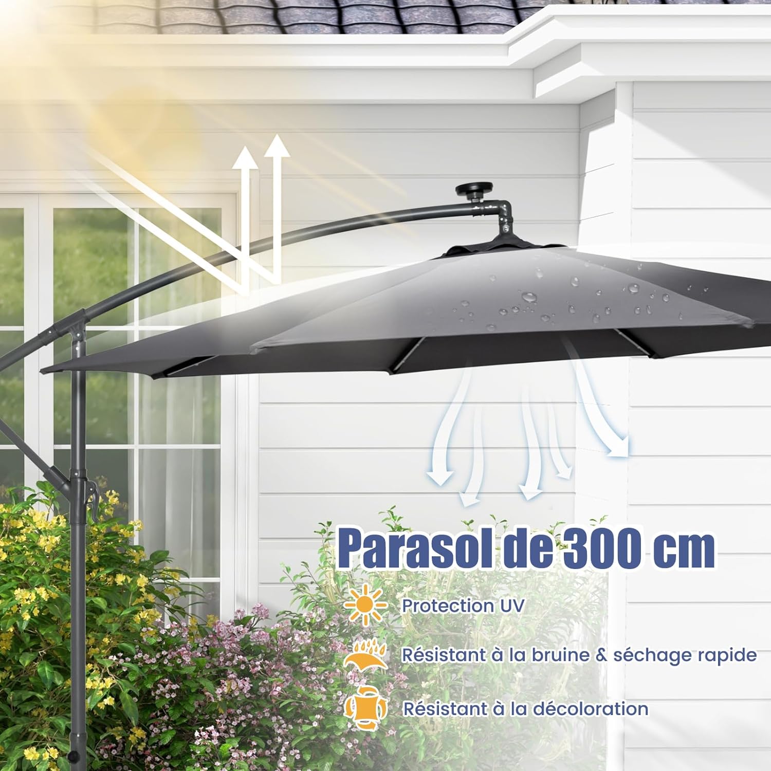 Guarda-chuva offset 3x3m, grande guarda-chuva cinza - 7