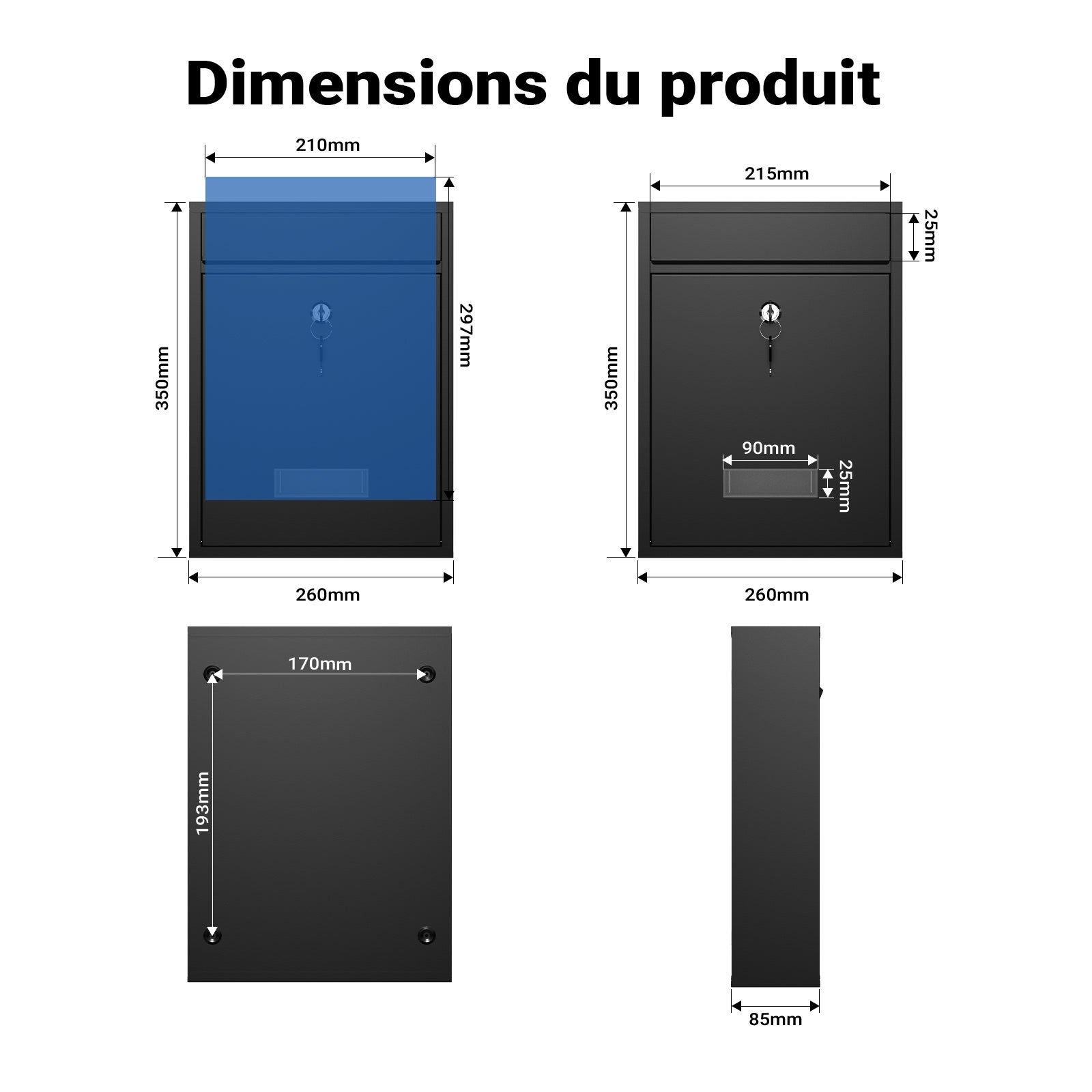 Boîte aux lettres murale verrouillable V10 noire pour courrier, 260 x 90 x 350 mm, Revêtement par poudre, Fente 24 x 4 cm, avec Wiltec - 3