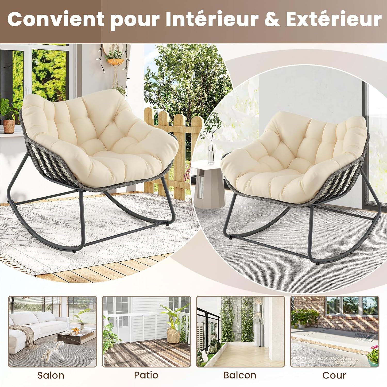 Fauteuil à Bascule d'Extérieur, Fauteuil Œuf Surdimensionné en Osier PE avec Coussin Épais Amovible, 98 x 98 x 87 cm, Charge 150 kg, Beige - 8