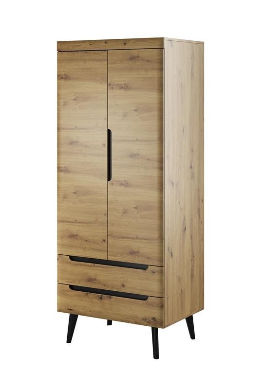 Szafa uchylna NODIS 80 cm dąb Artisan + czarne akcenty, 2 szuflady, drążek, na wysokich nogach