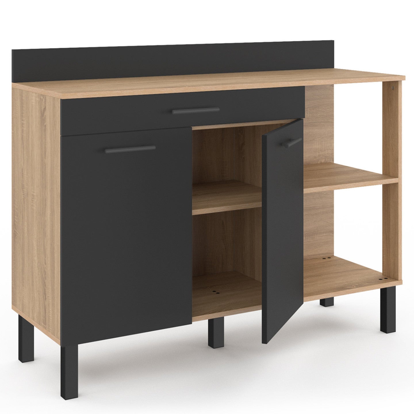 Buffet bas de cuisine 120 CM CINA plan de travail H.83 cm 2 portes + tiroir façon hêtre et noir - 4