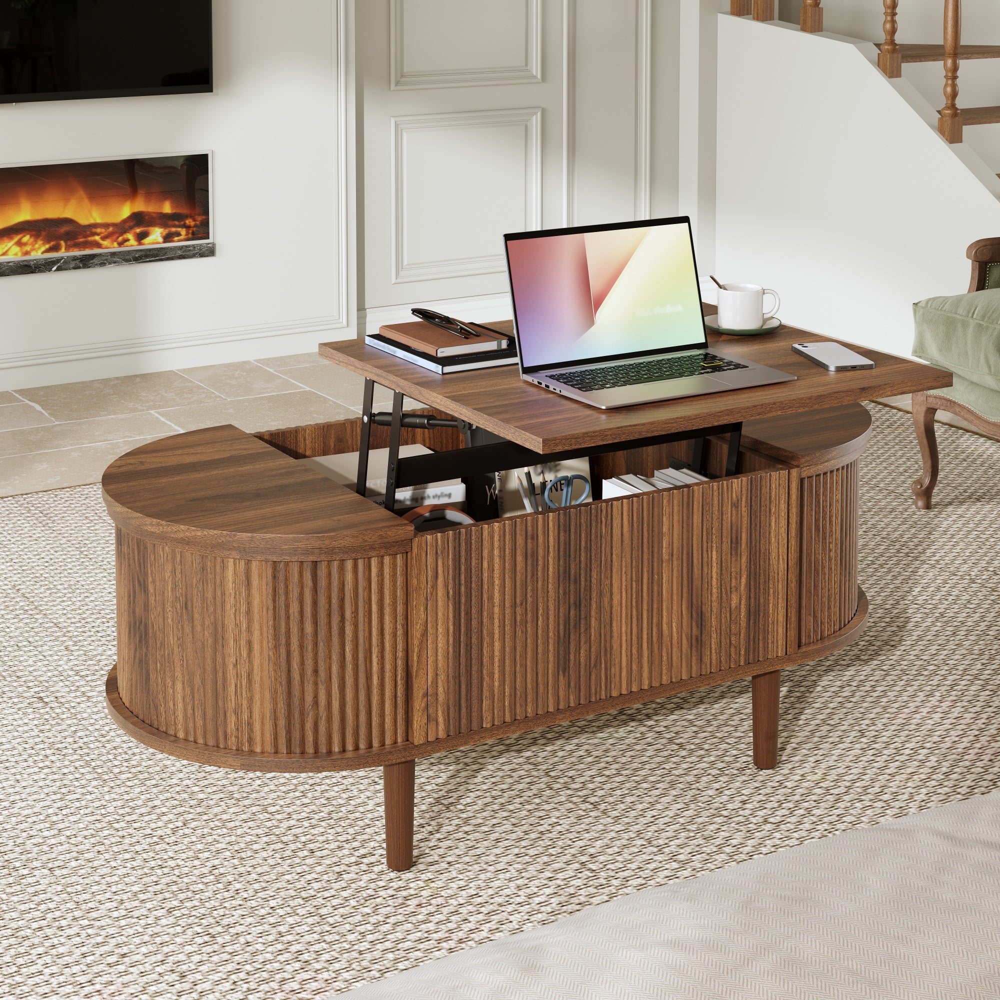 Owalny stolik kawowy z podnoszonym blatem – 100 x 48 x 53,5 cm – MDF i nogi z litego drewna – orzech - 6
