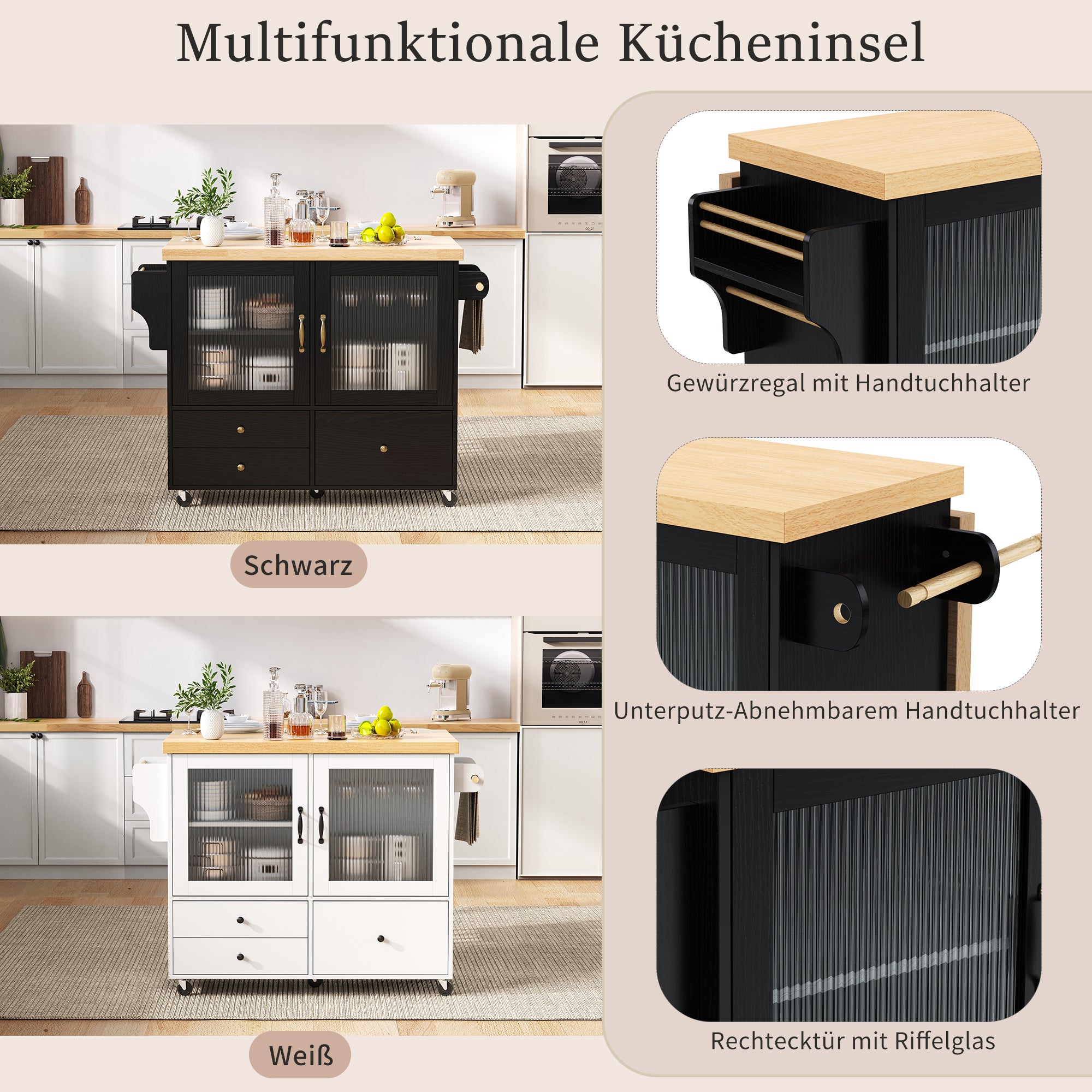 Mobilna wyspa kuchenna z 3 szufladami i 2 drzwiami - 100 x 42/70 x 91,5 cm - MDF - Rozkładany blat - Czarny + naturalny - 6