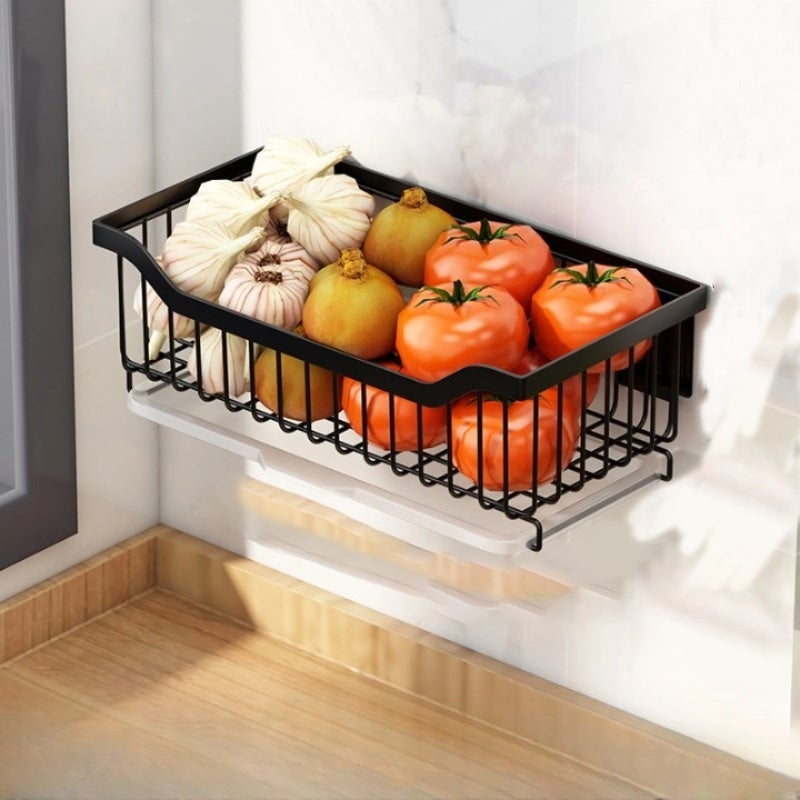 Kosz na owoce, kosz do przechowywania, kuchenny kosz do odsączania warzyw, wyjmowany, montowany na ścianie, stal nierdzewna, 34×17,5×11 cm - czarny