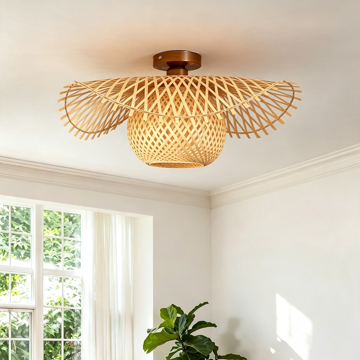 Lustre en bambou tressé (ampoule incluse), plafonnier style bohème, petite lampe décorative pour salle à manger, cuisine et couloir – Ø 45 cm - 9