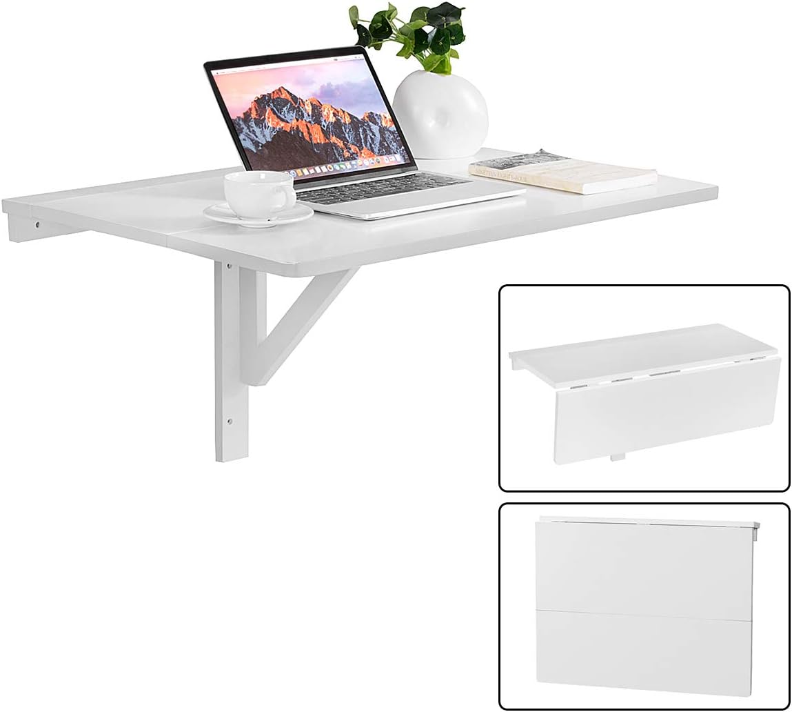 Table Murale Rabattable Pliable en Bois, Support Mural Pliant, Double Pliage, Gain de Place, Charge 20KG, 80 x 60 x 45 CM (Blanc) - 9
