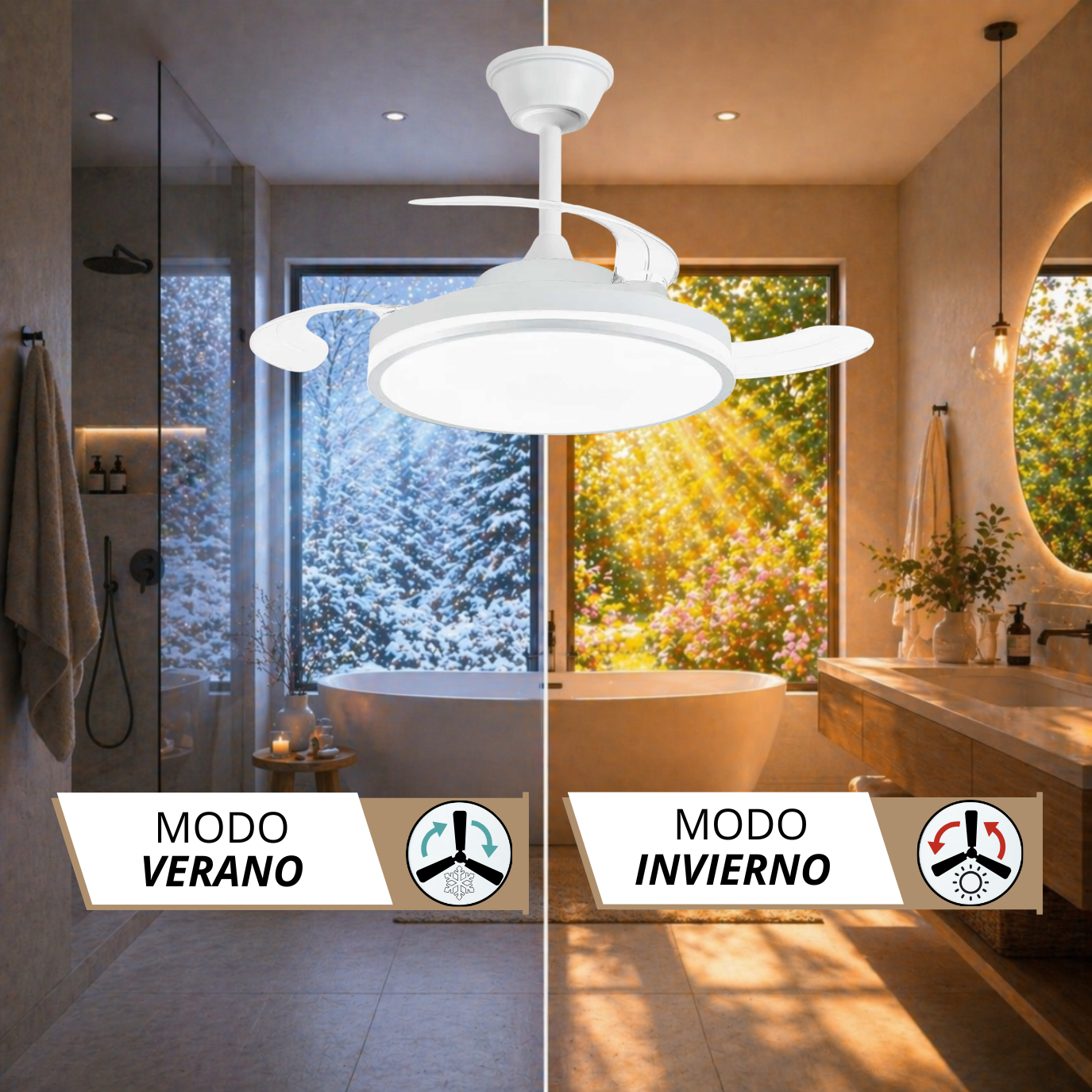 NARVI Ventilador de techo con luz, color blanco, 3 Palas retráctiles ...