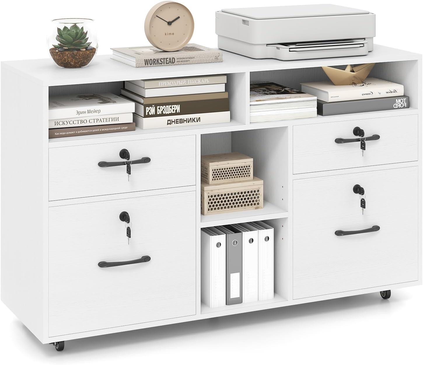 Casson Bureau, Mobilny Segregator z Zamkiem, 4 Szuflady na Dokumenty A4/Listy, Nowoczesny Stojak na Drukarkę na Kółkach, 104 x 35 x 65,5 cm (Biały)