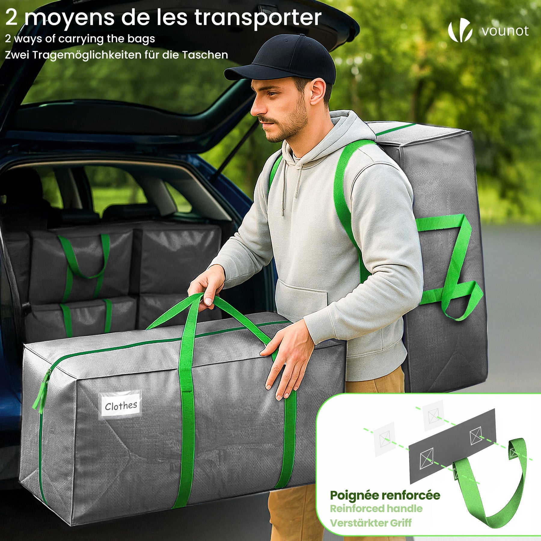 Lot de 5 sacs de déménagement grand format - sacs de rangement avec sangles de sac à dos et poignée - gris - VOUNOT® - 2