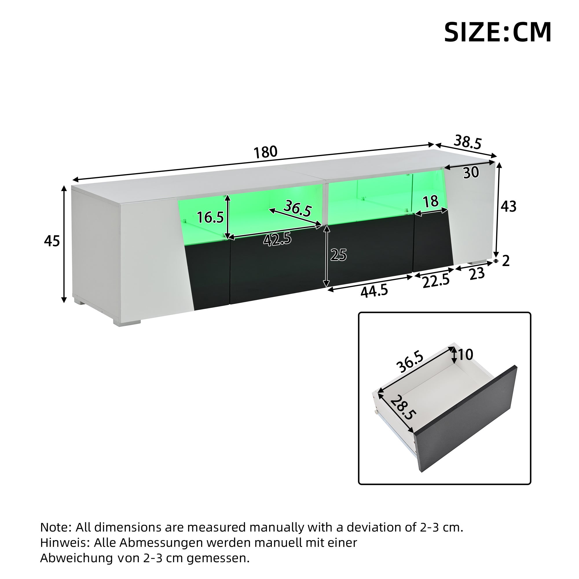 Meble pod TV 180x38,5x45 cm - z oświetleniem LED - 2 szuflady i 2 fronty - Otwarte półki - Błyszczące wykończenie - Biały + czarny - 3