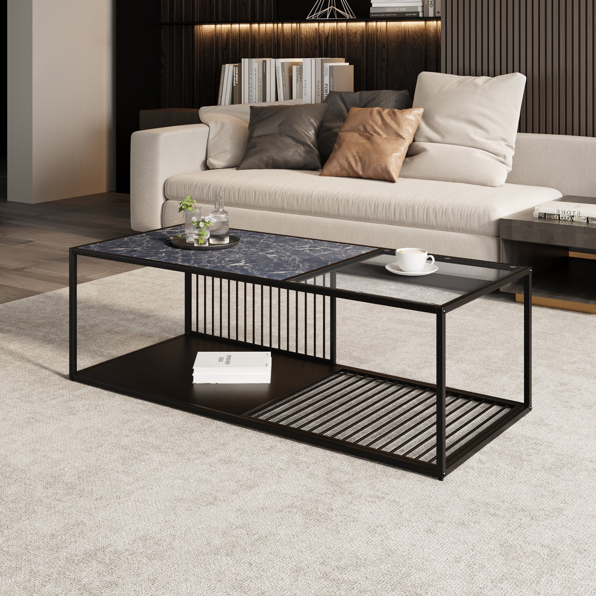 Table basse, table basse en fer forgé avec verre, grand espace de ...