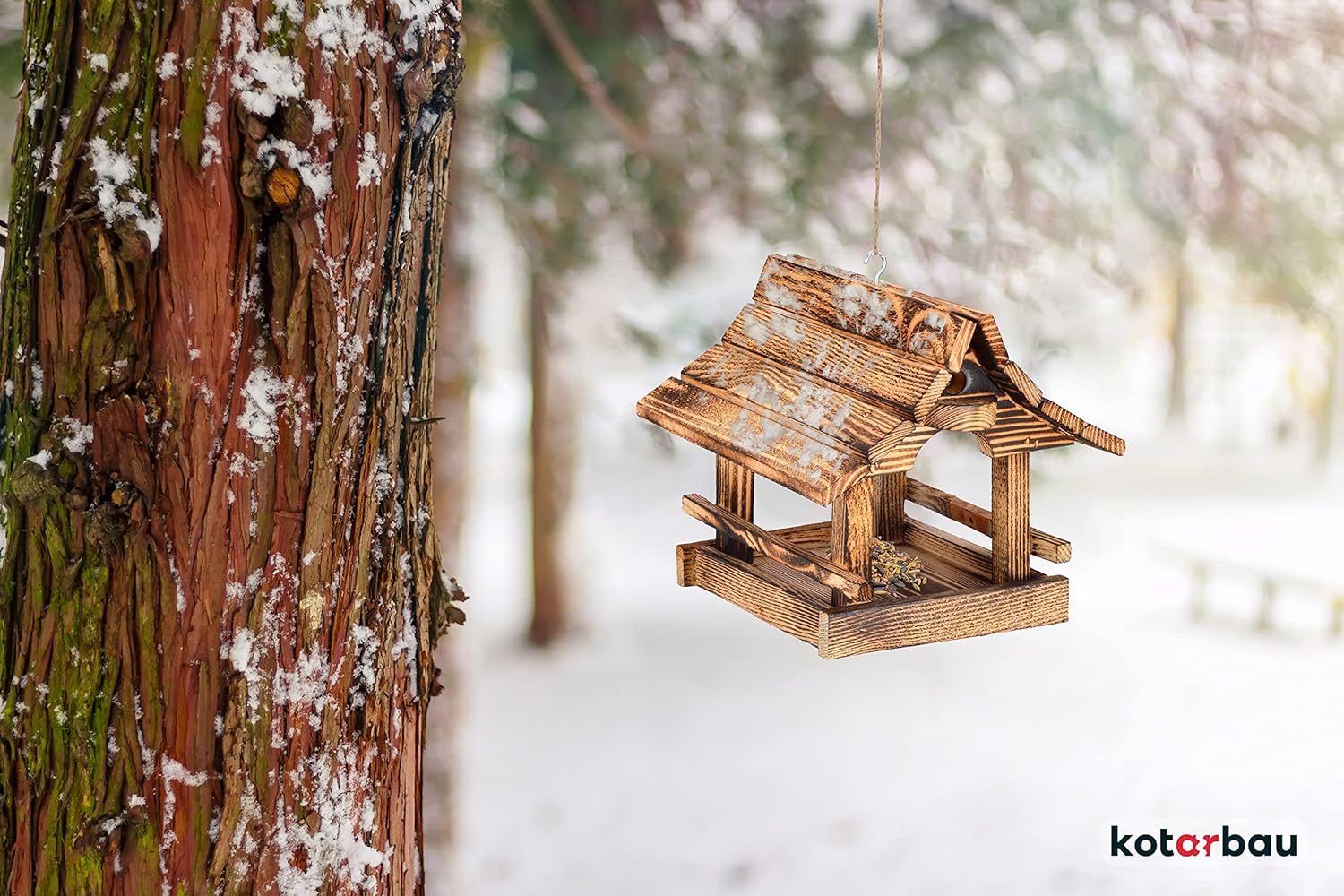 Mangeoire à Oiseaux Bois Suspendue, Résistante aux Intempéries, 22,5x26 cm - Durable et Pratique, Marron Flammée - KOTARBAU - 5