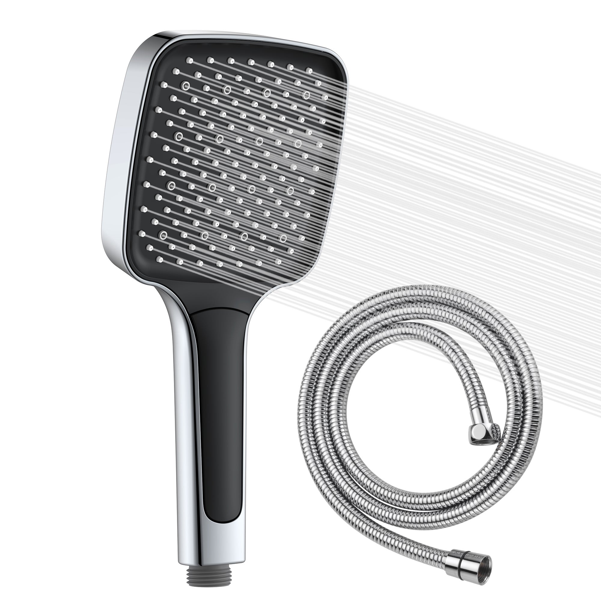 Soffione Doccia Con Tubo Da 1,5 M, 3 Getti, Risparmio Idrico E Aumento Pressione, Quadrato, Facile Installazione