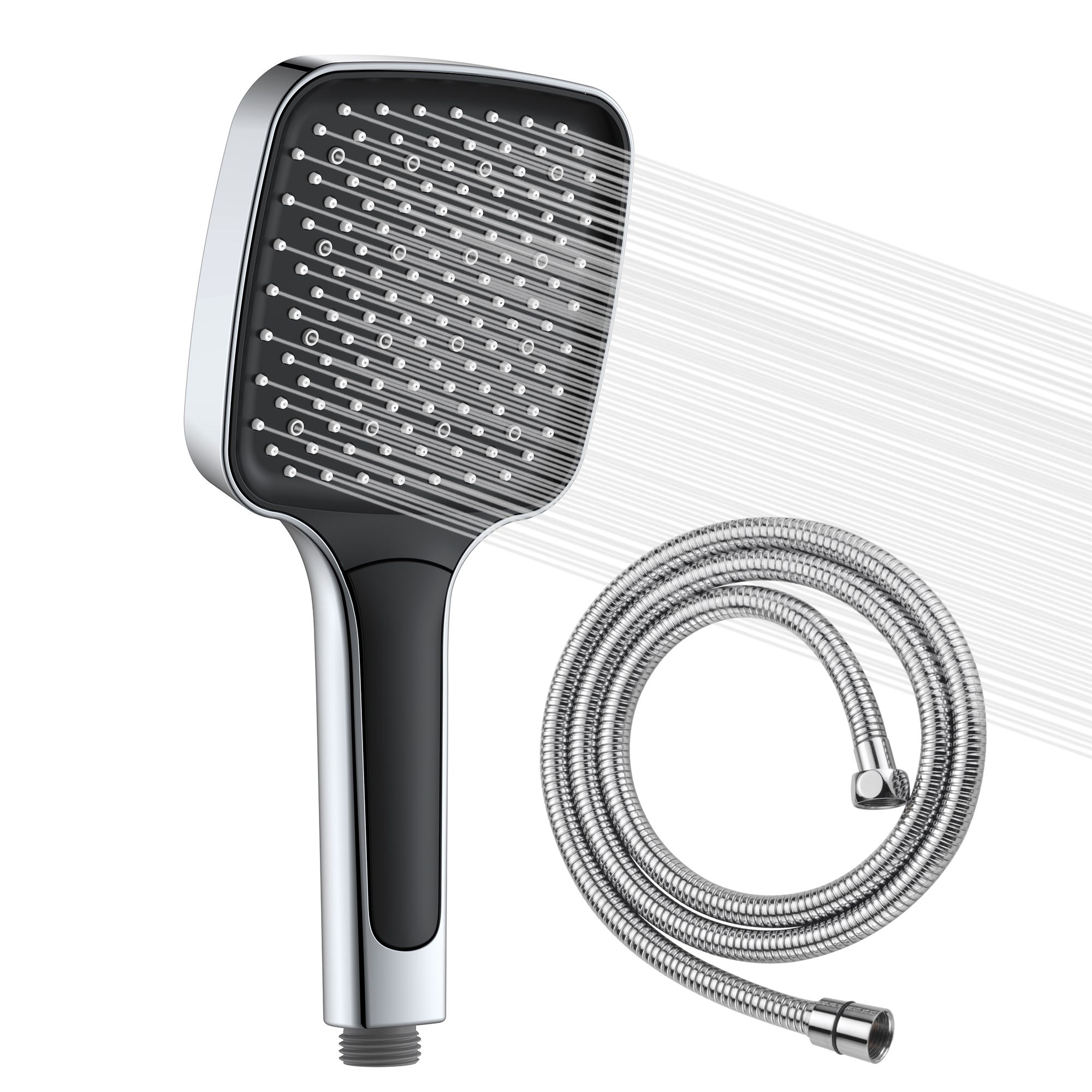 Soffione Doccia Con Tubo Da 1,5 M, 3 Getti, Risparmio Idrico E Aumento Pressione, Quadrato, Facile Installazione