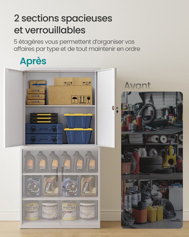 Armoire de Garage à 5 Étagères avec 4 Portes, Armoire de Bureau, 40 x 80 x 180 cm, 2 Serrures, Étagères Réglables, en Métal, Gris Mat - 3