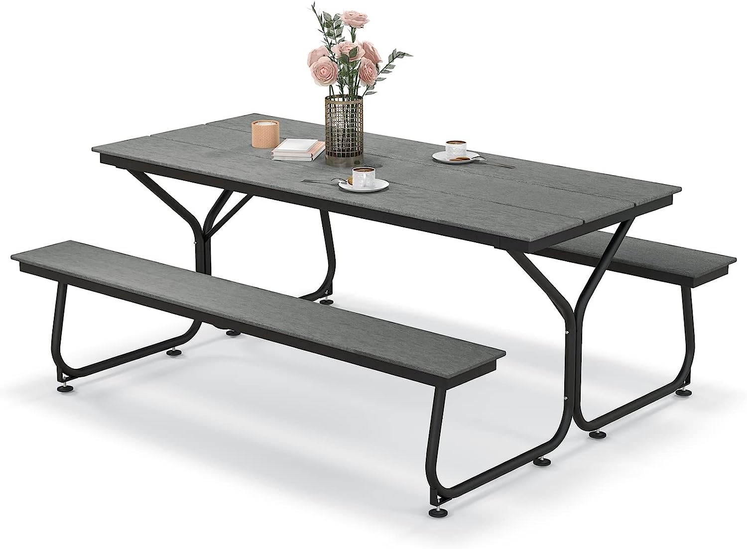 Zestaw do namiotu piwnego 183 cm, stół piwny o wyglądzie drewna, stół piwny z blatem HDPE, otworem na parasol i metalową ramą, (kolor szary)