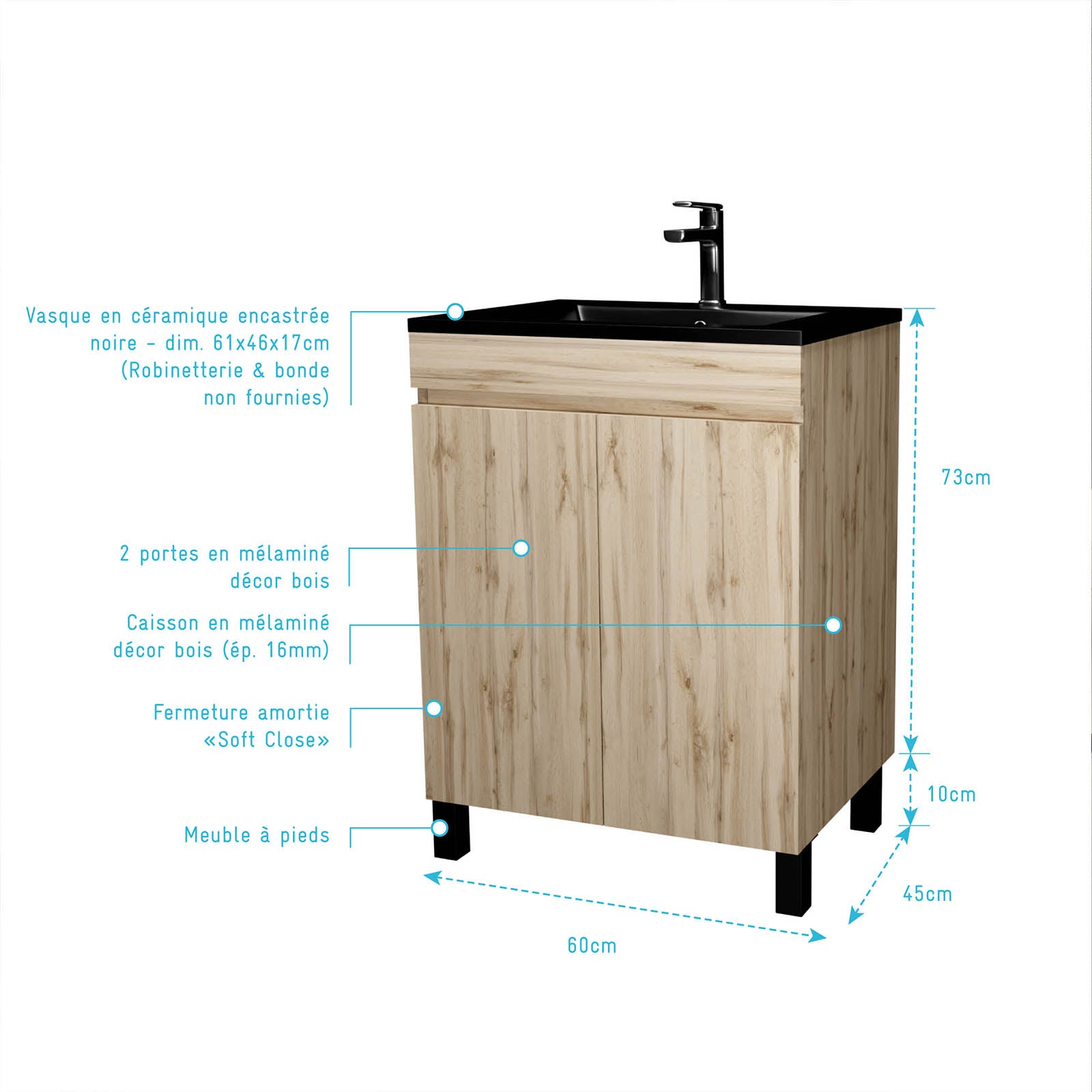 Meuble de salle de bains 60 cm 2 Portes Chêne Naturel + Vasque Céramique Noire - TIMBER - 4