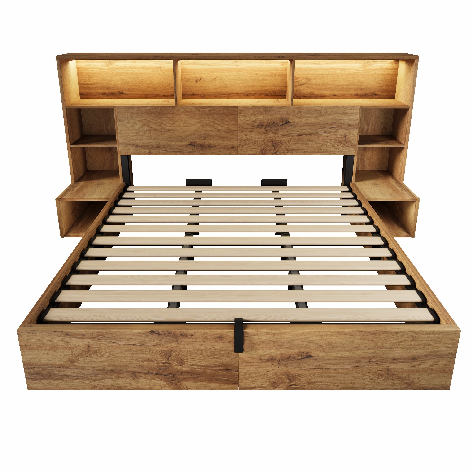 Lit coffre 180x200cm avec LED et USB-C, aspect chêne, lit double avec hydraulique, lit 2 places avec chevets intégrés, Lit en bois sommier à lattes - 5