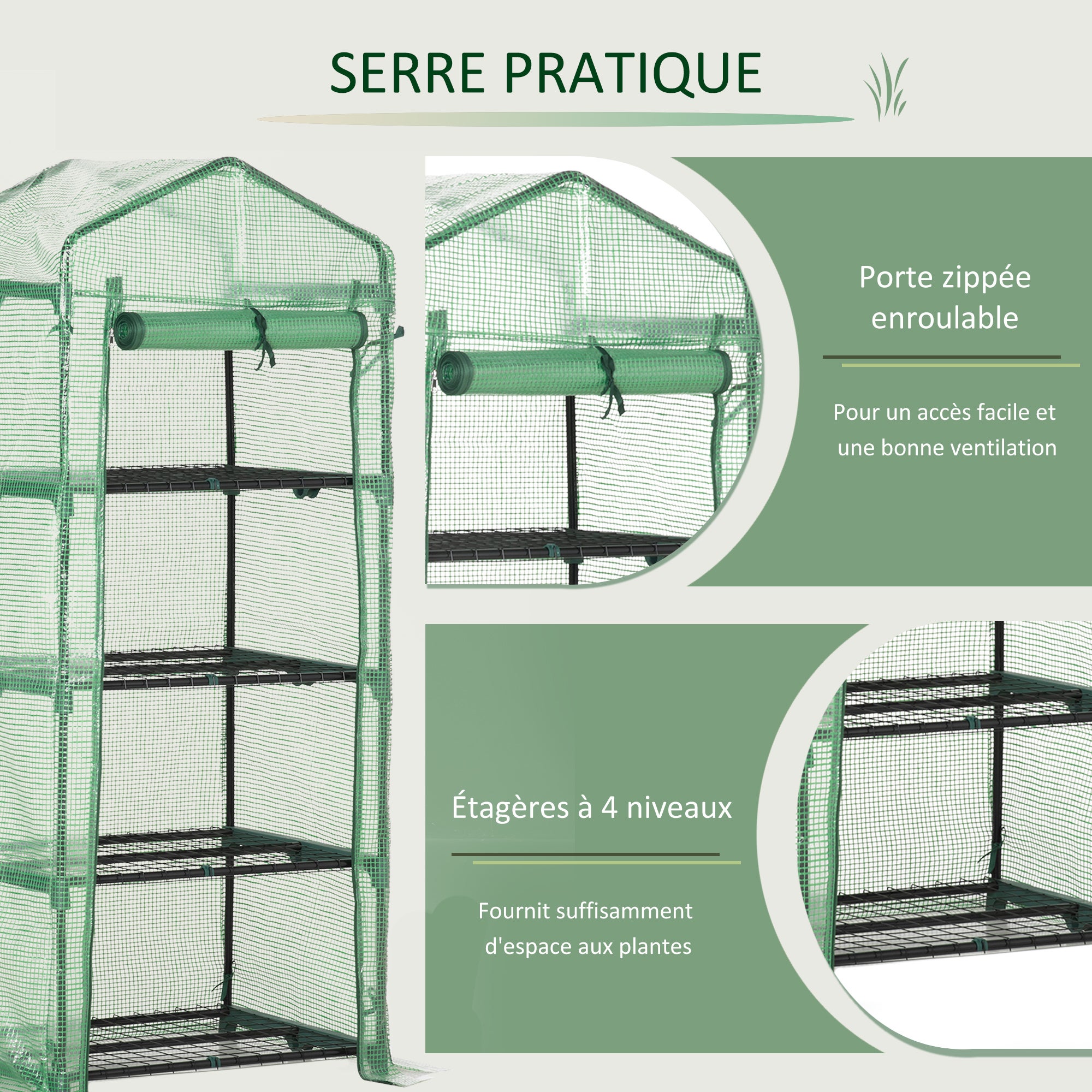 Serre de jardin PE avec étagères 4 niveaux, serre de balcon, bâche renforcée 140 /m², châssis en acier,pour légumes plantes,70x50x160cm, vert - 8