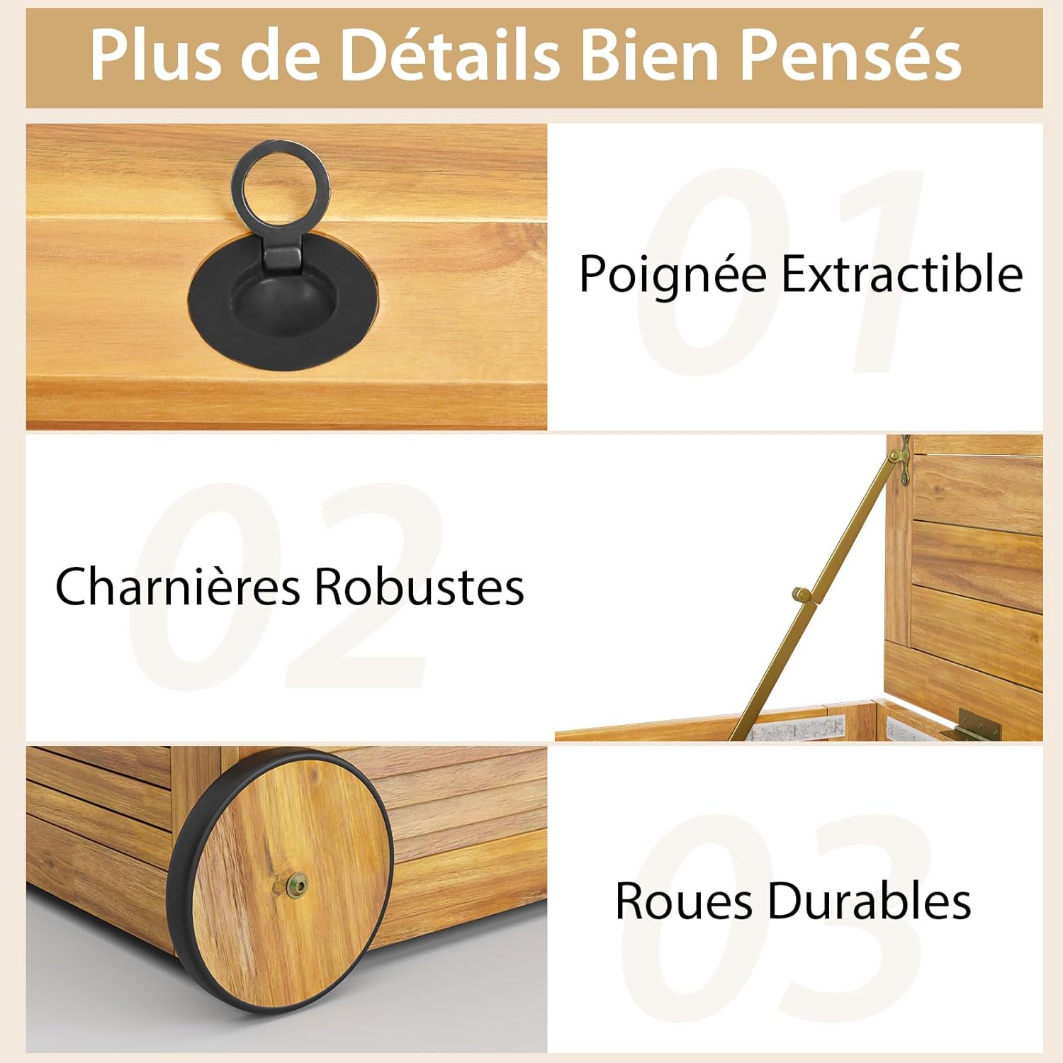 Caja de almacenamiento exterior de 182L rodante, de madera de acacia con 2 ruedas, asa lateral, funda impermeable, para cojines, juguetes, natural - 7