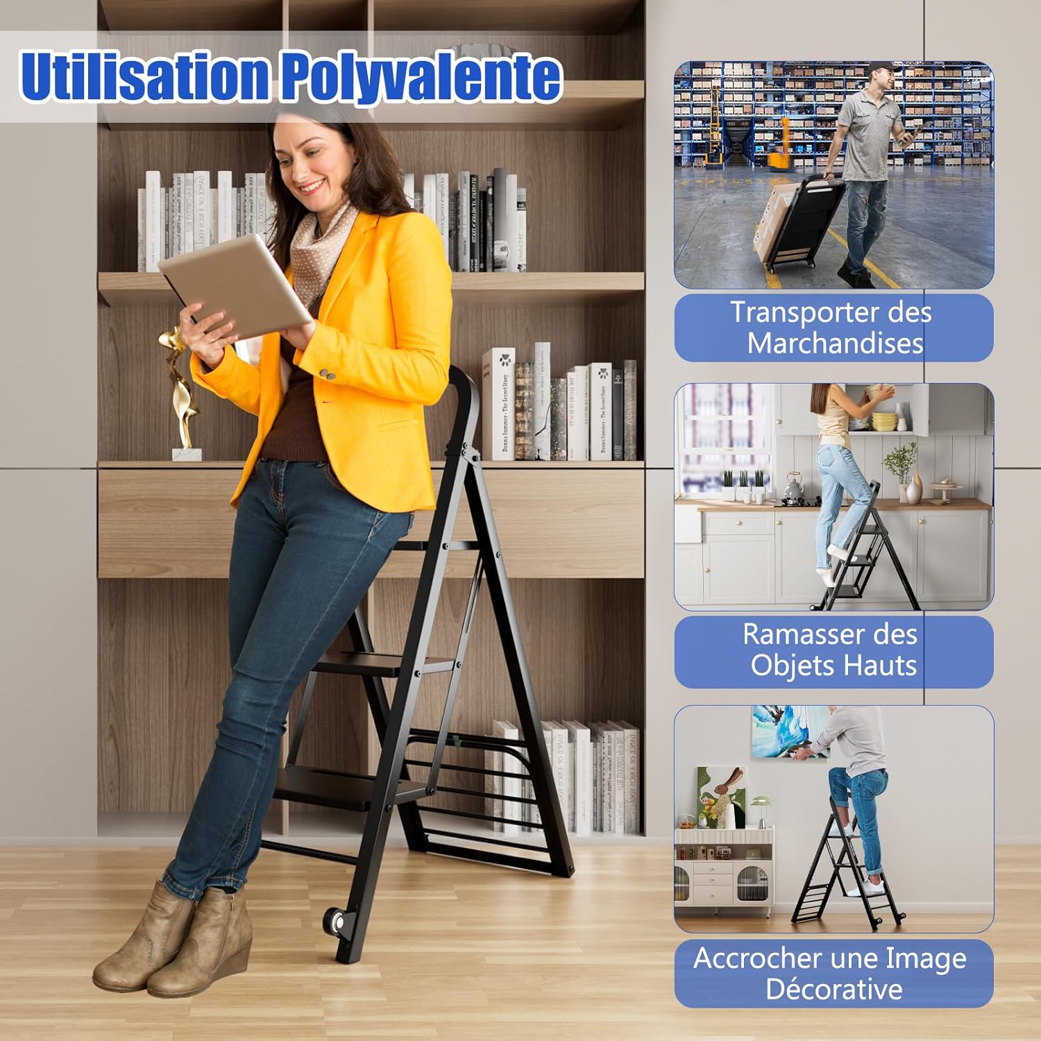 Escabeau Pliable à 3 Marches, Chariot Echelle 2 en 1 avec 2 Roues en Caoutchouc, Chariot Utilitaire en Fer, Charge 250Kg, Noir - 7