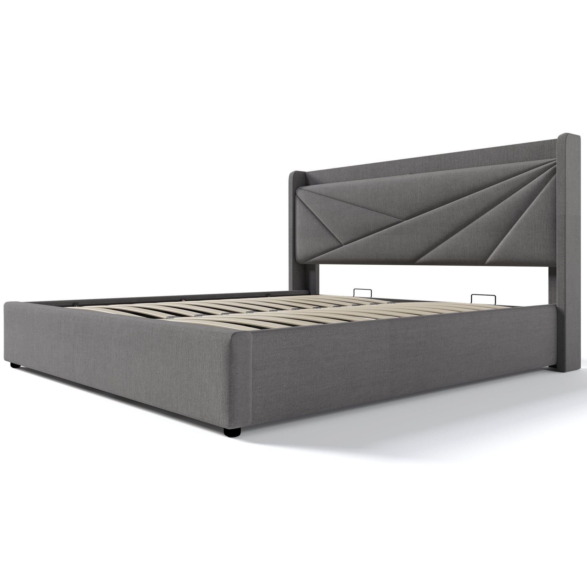 Lit coffre lit rembourré 160x200 cm avec fonction de charge USB Type C, lin, gris, sans matelas - 6
